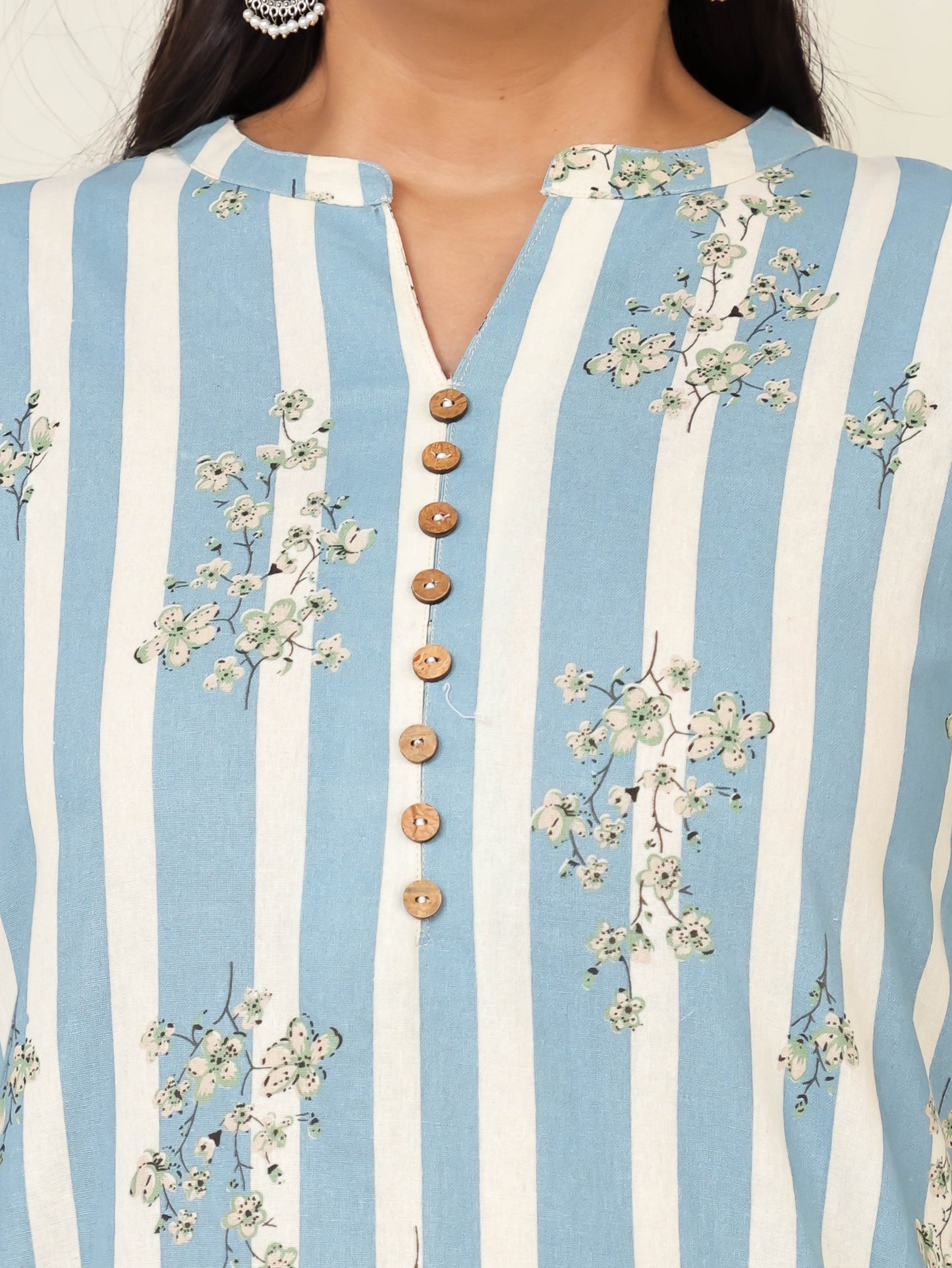 Linen Cotton Striped Straight Blue Kurta