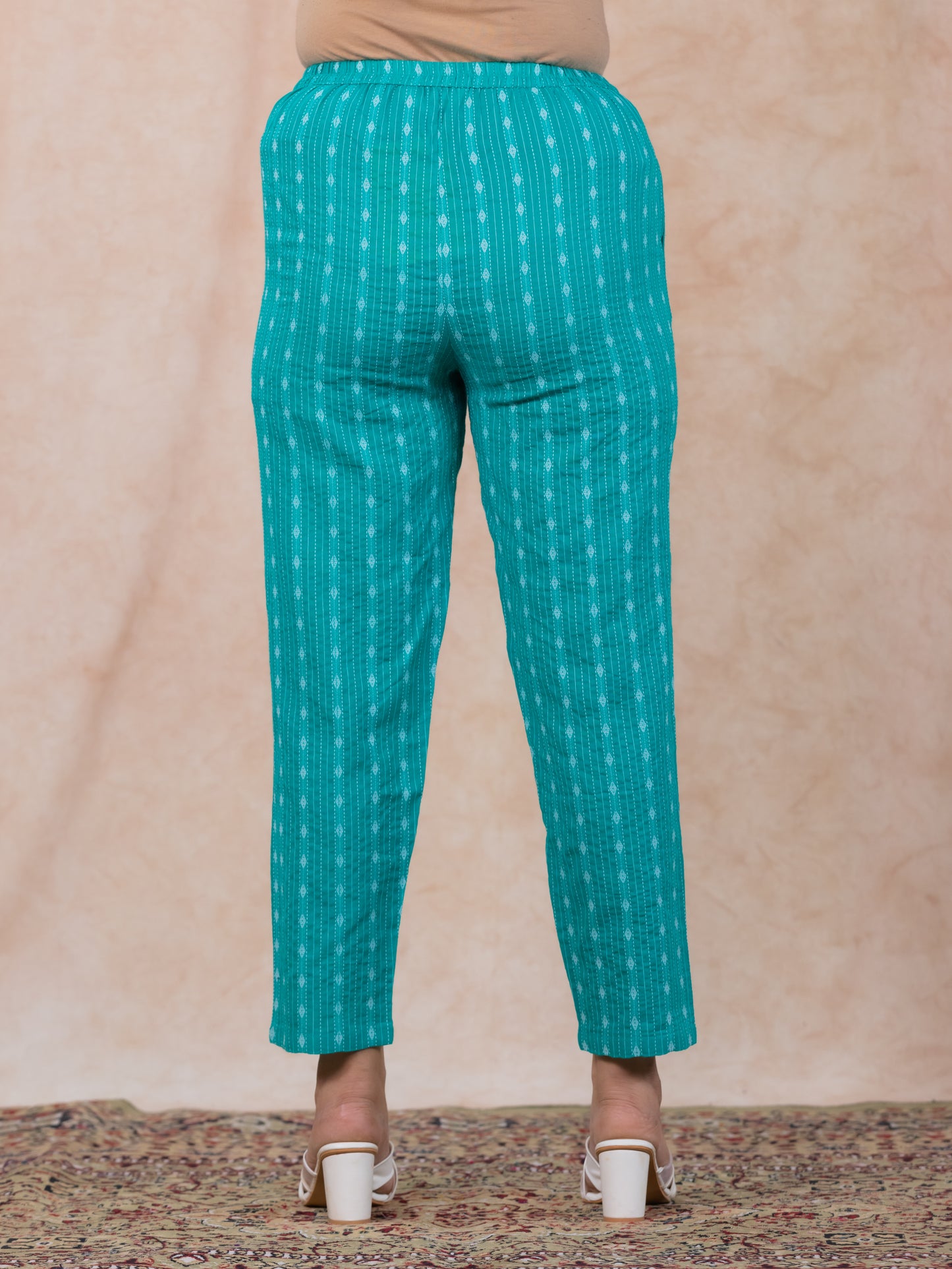 Kantha Cotton Woven Design Turquoise Tapered Trousers