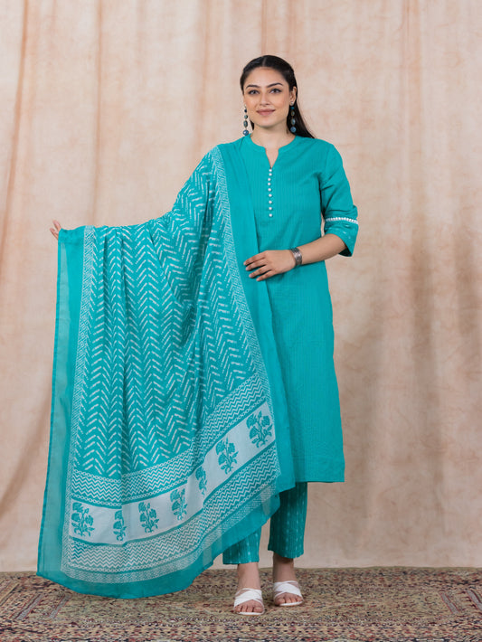 Cotton Voile Striped Turquoise Dupatta