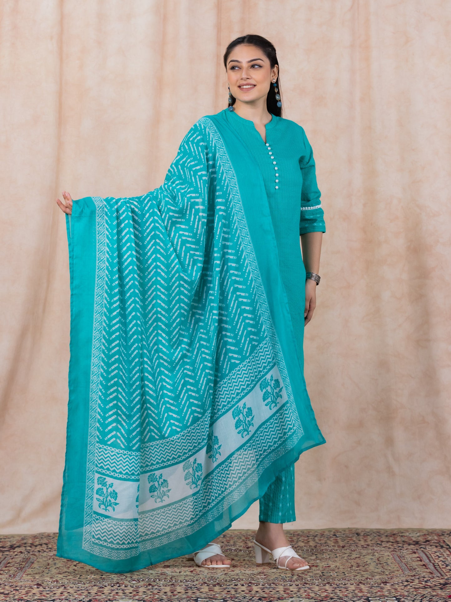 Cotton Voile Striped Turquoise Dupatta
