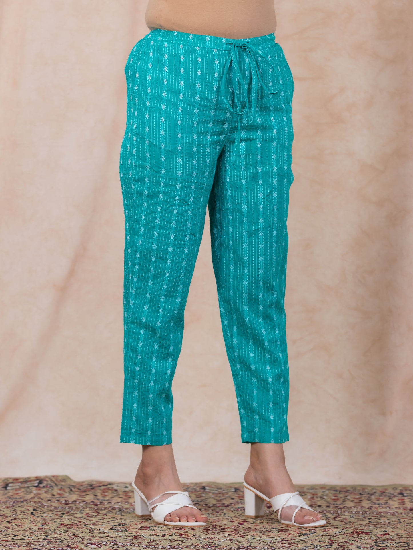 Embroidered Kantha Cotton Woven Design Straight Turquoise Kurta