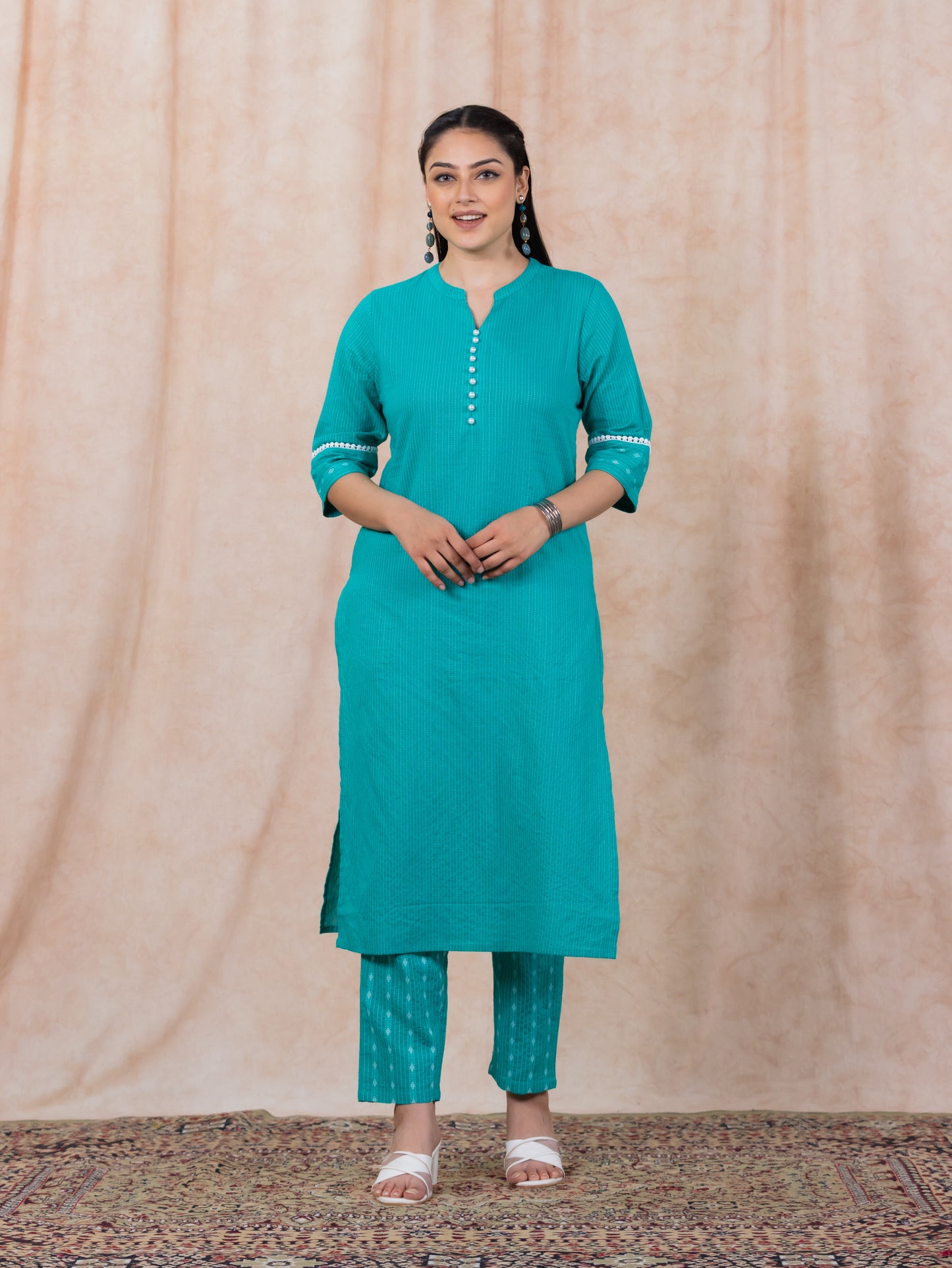 Embroidered Kantha Cotton Woven Design Straight Turquoise Kurta