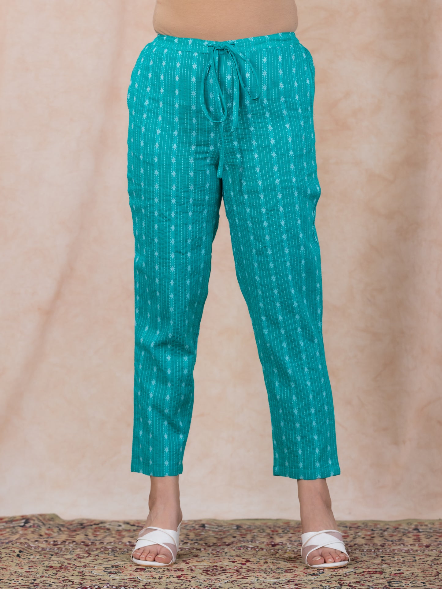 Embroidered Kantha Cotton Woven Design Straight Turquoise Kurta