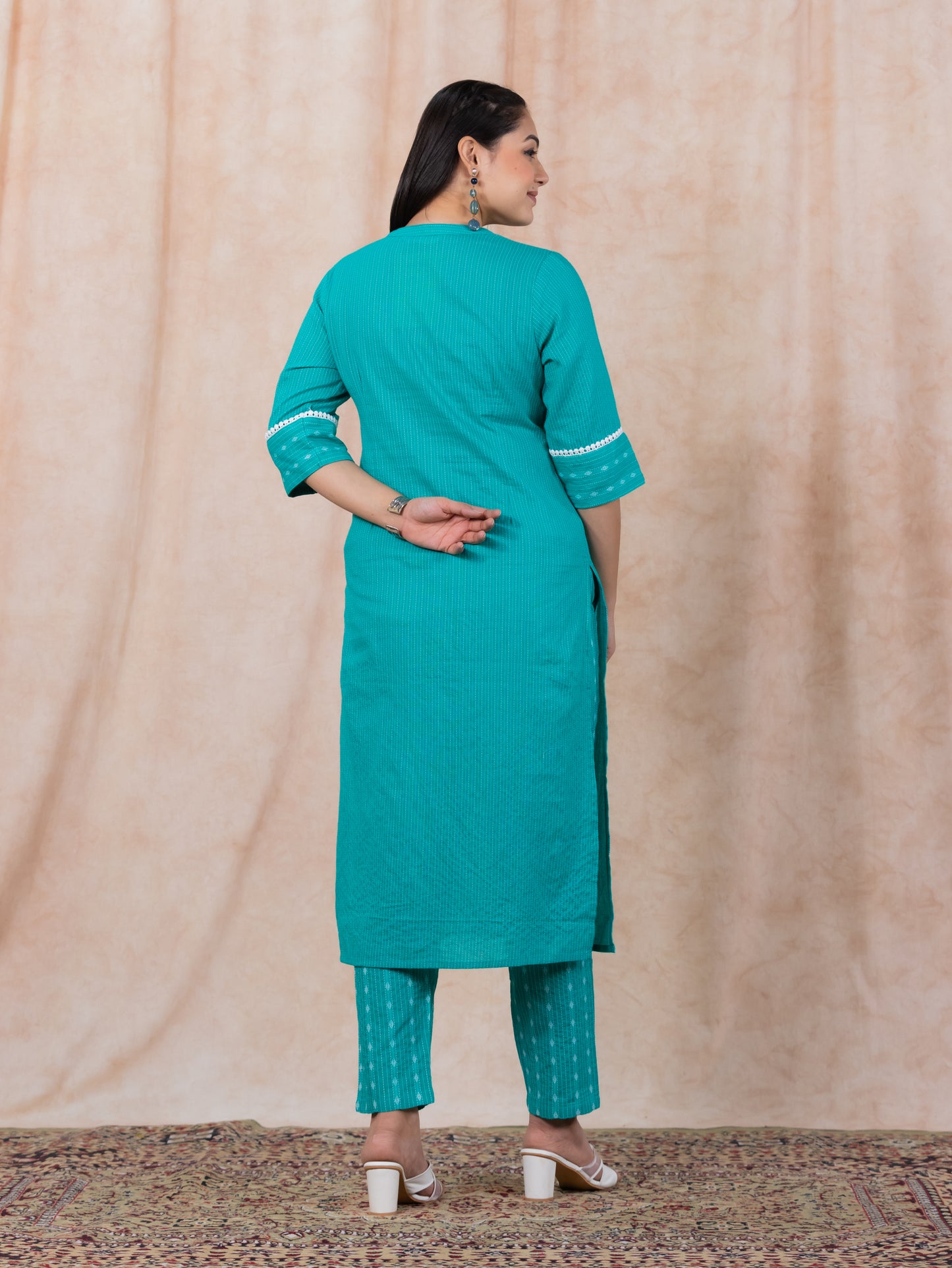 Embroidered Kantha Cotton Woven Design Straight Turquoise Kurta