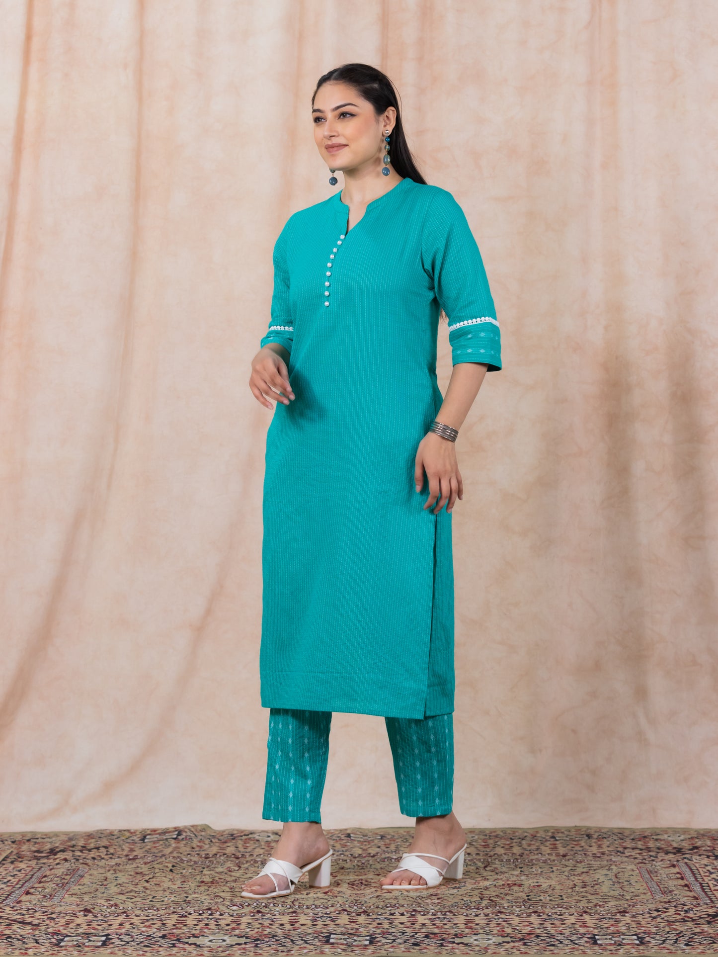 Embroidered Kantha Cotton Woven Design Straight Turquoise Kurta