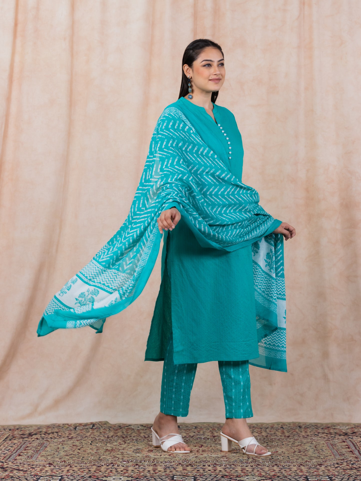 Embroidered Kantha Cotton Woven Design Straight Turquoise Kurta