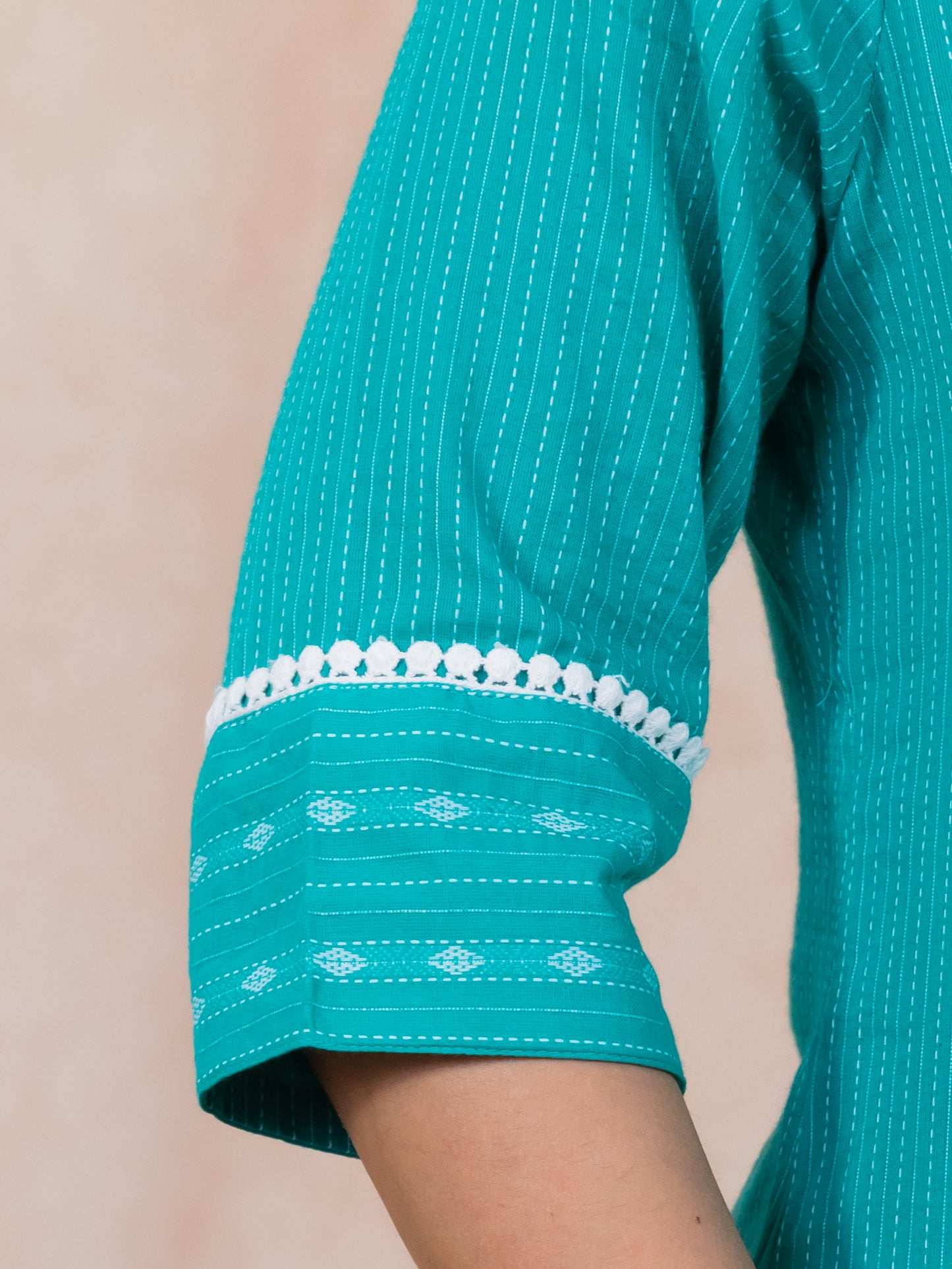Embroidered Kantha Cotton Woven Design Straight Turquoise Kurta