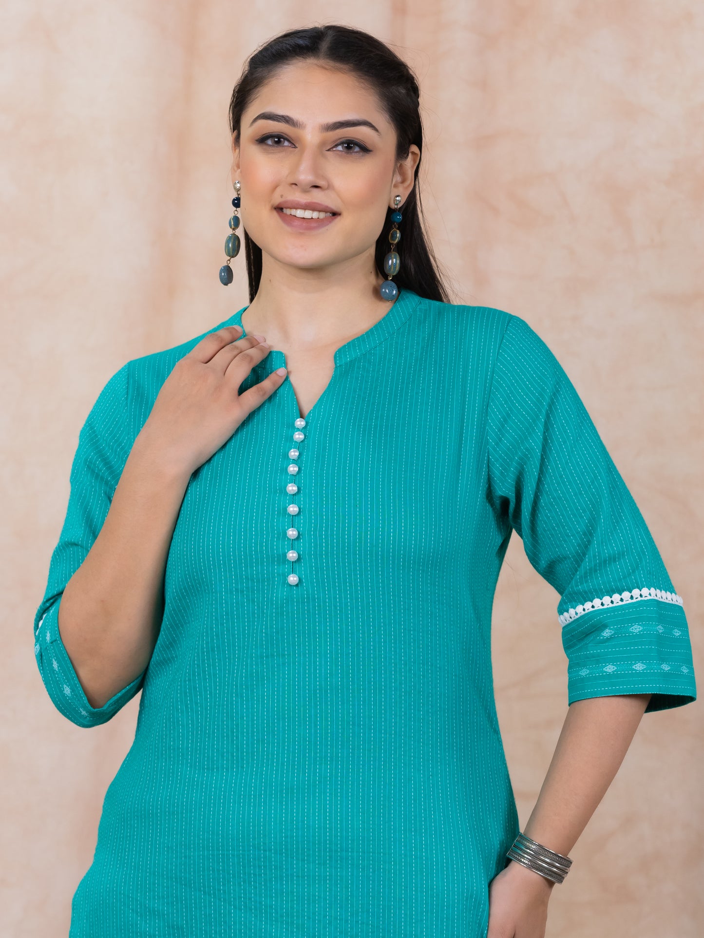 Embroidered Kantha Cotton Woven Design Straight Turquoise Kurta