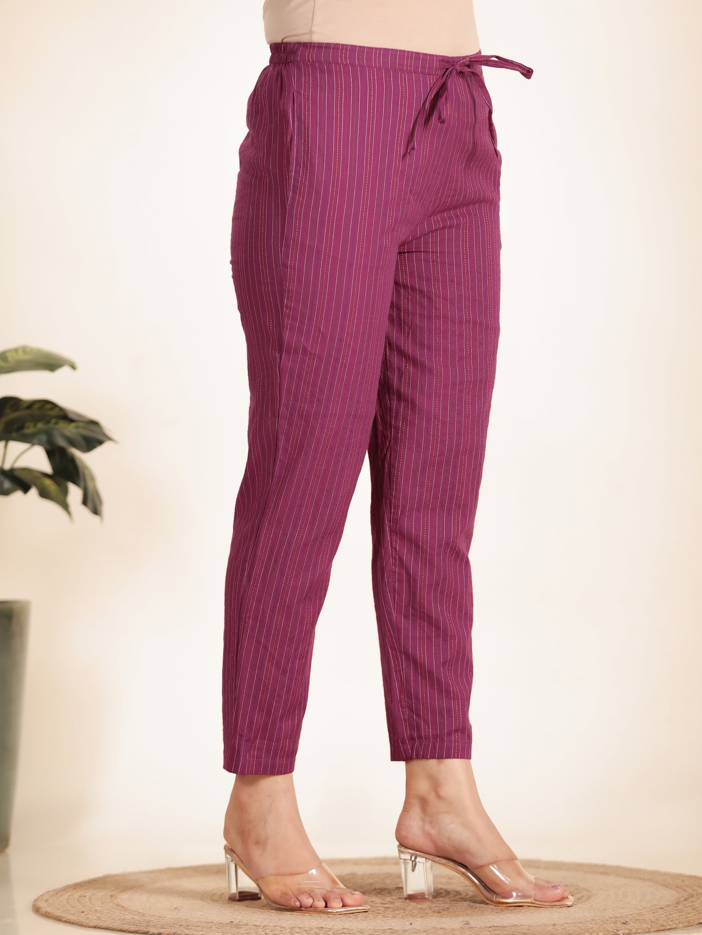 Kantha Cotton Woven Design Pink Tapered Tapered Trousers