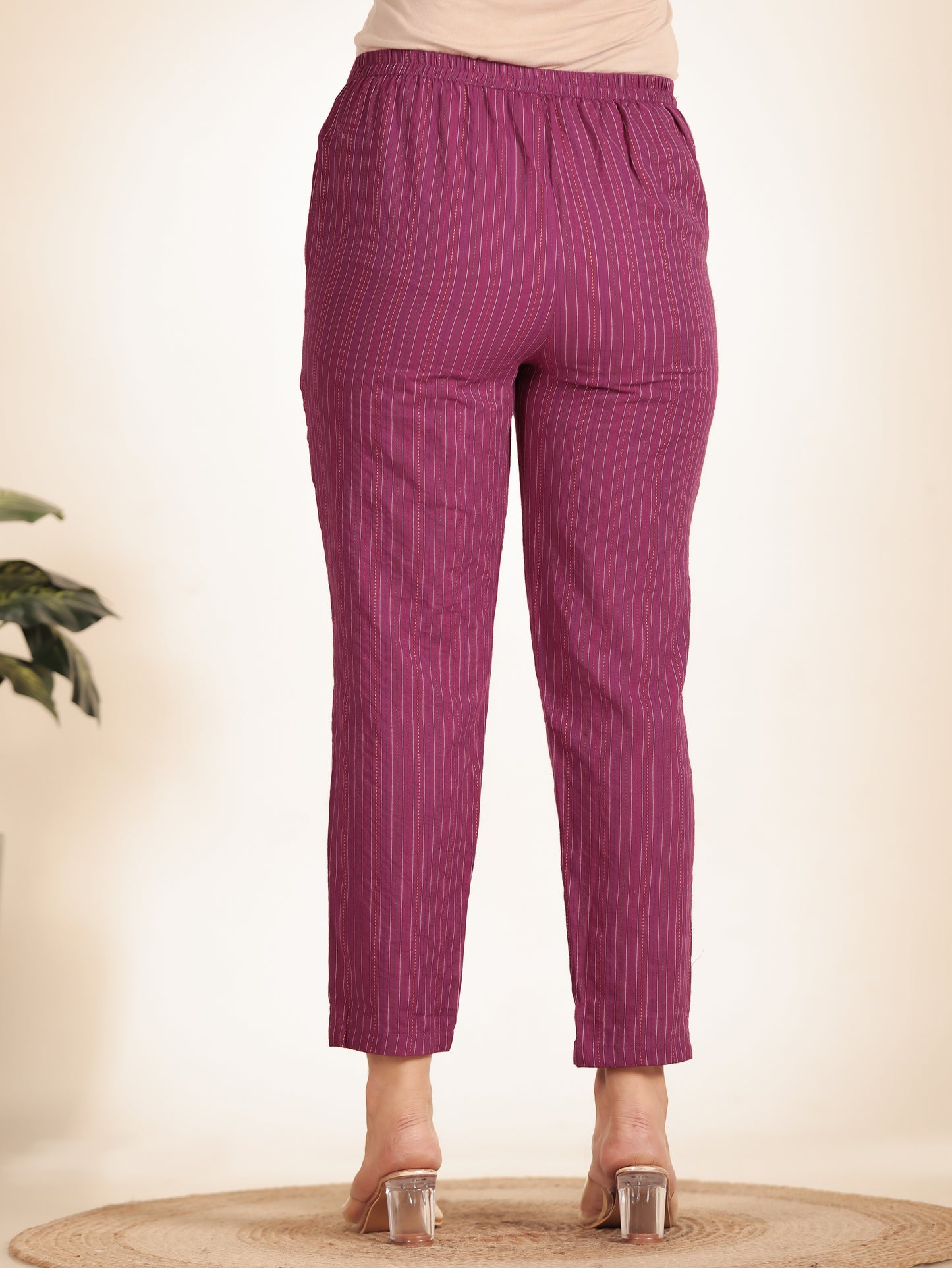 Kantha Cotton Woven Design Pink Tapered Tapered Trousers