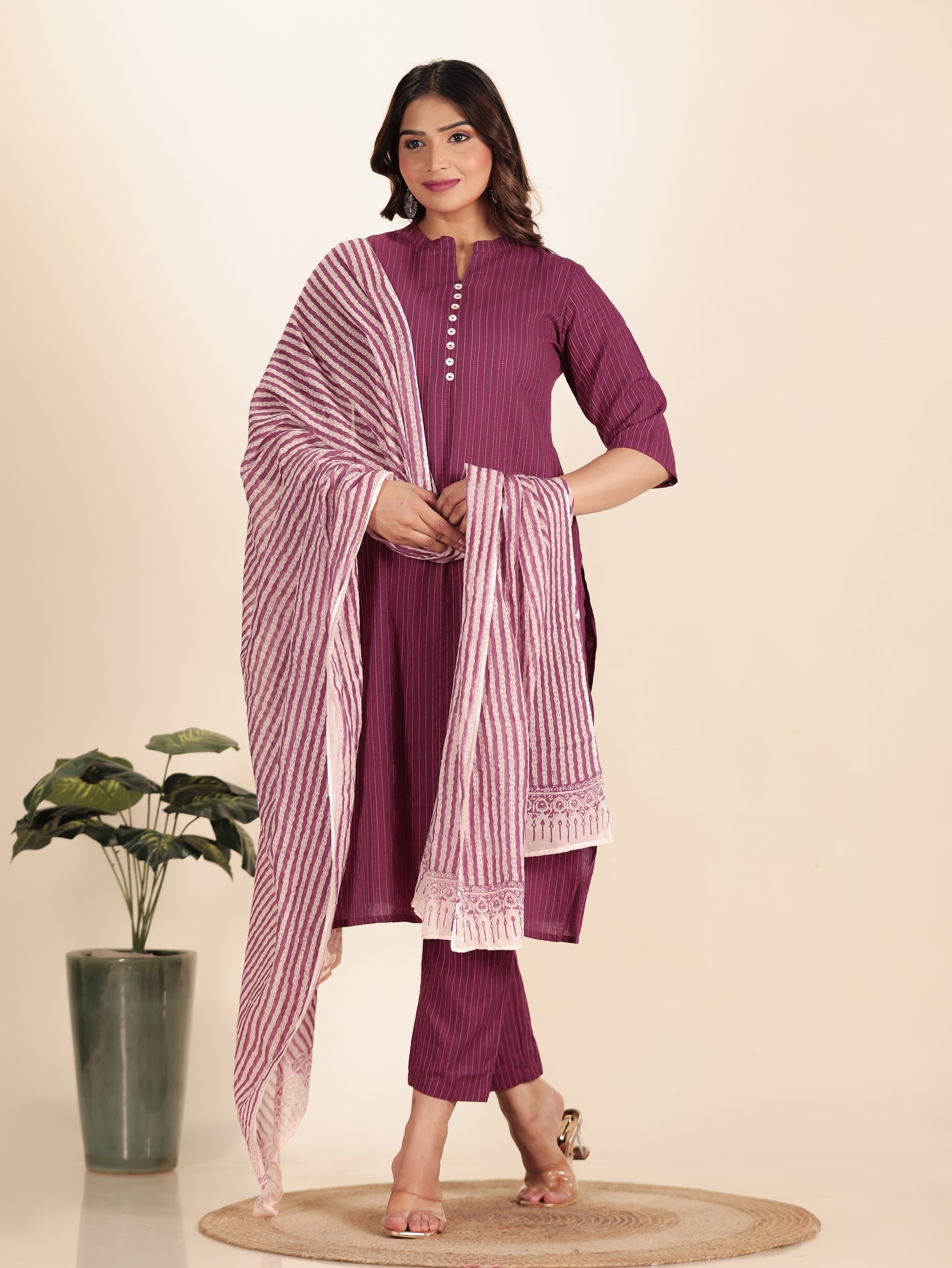 Kantha Cotton Woven Design Straight Pink Kurta