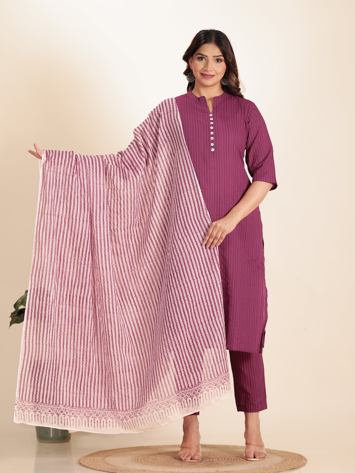 Kantha Cotton Woven Design Straight Pink Kurta