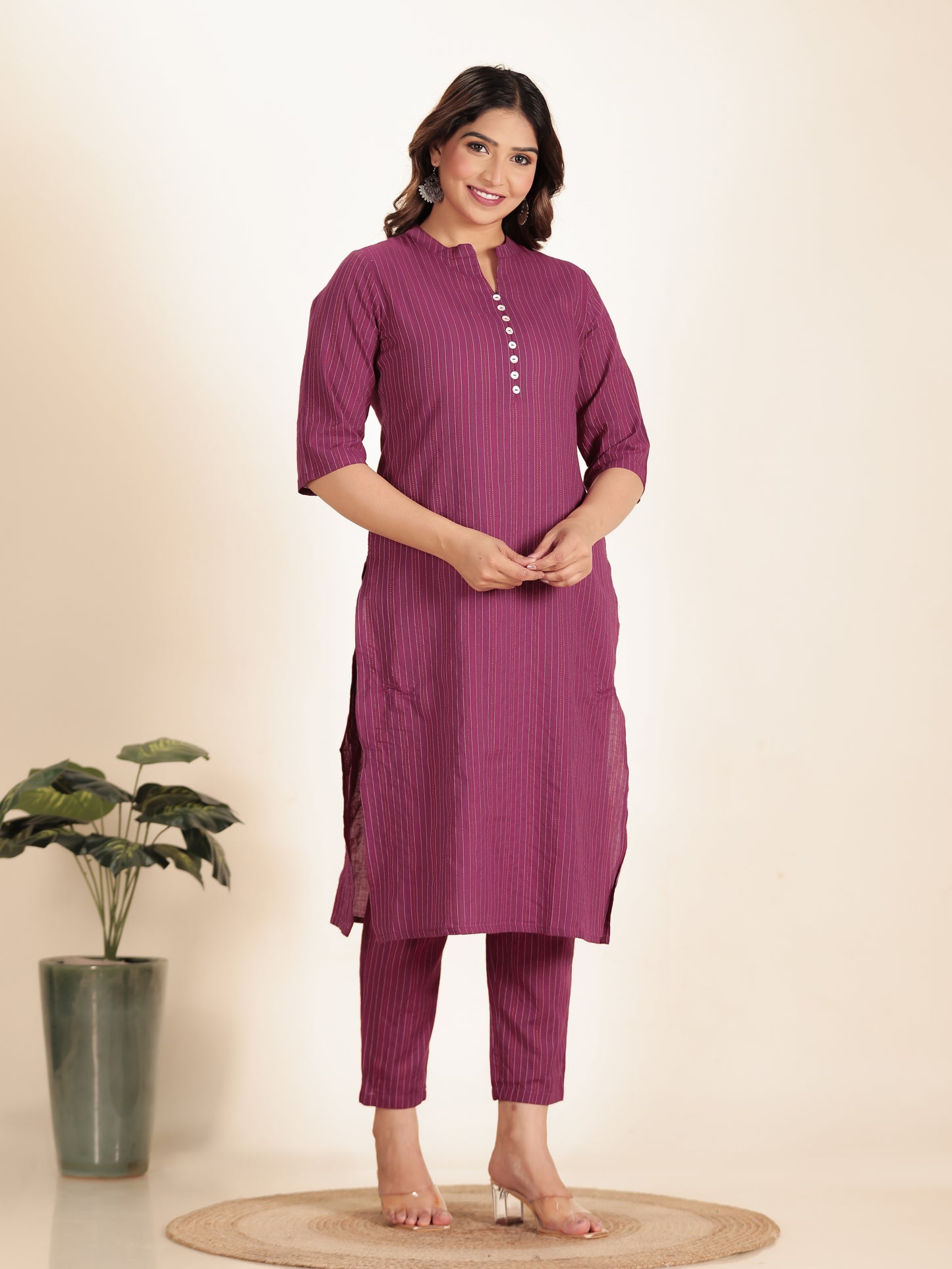 Kantha Cotton Woven Design Straight Pink Kurta