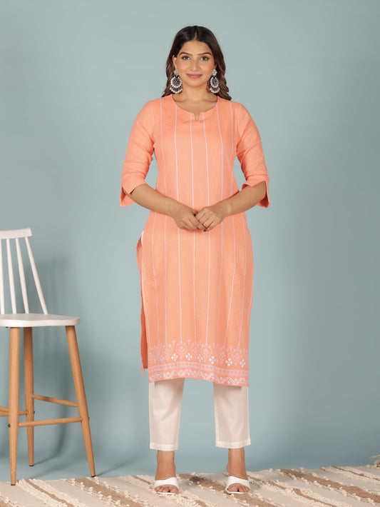Kantha Cotton Solid Straight Orange Kurta