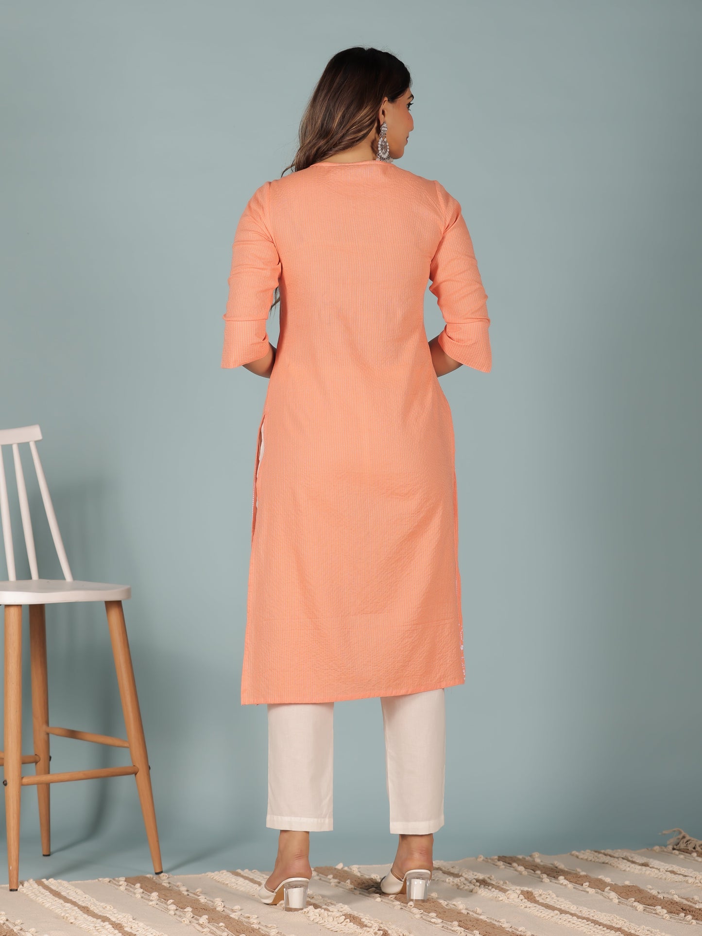Kantha Cotton Solid Straight Orange Kurta