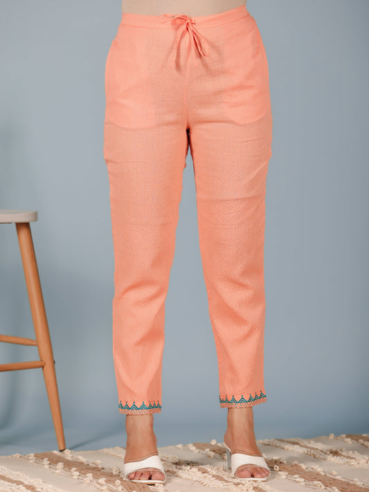 Kantha Cotton Solid Orange Tapered Trousers