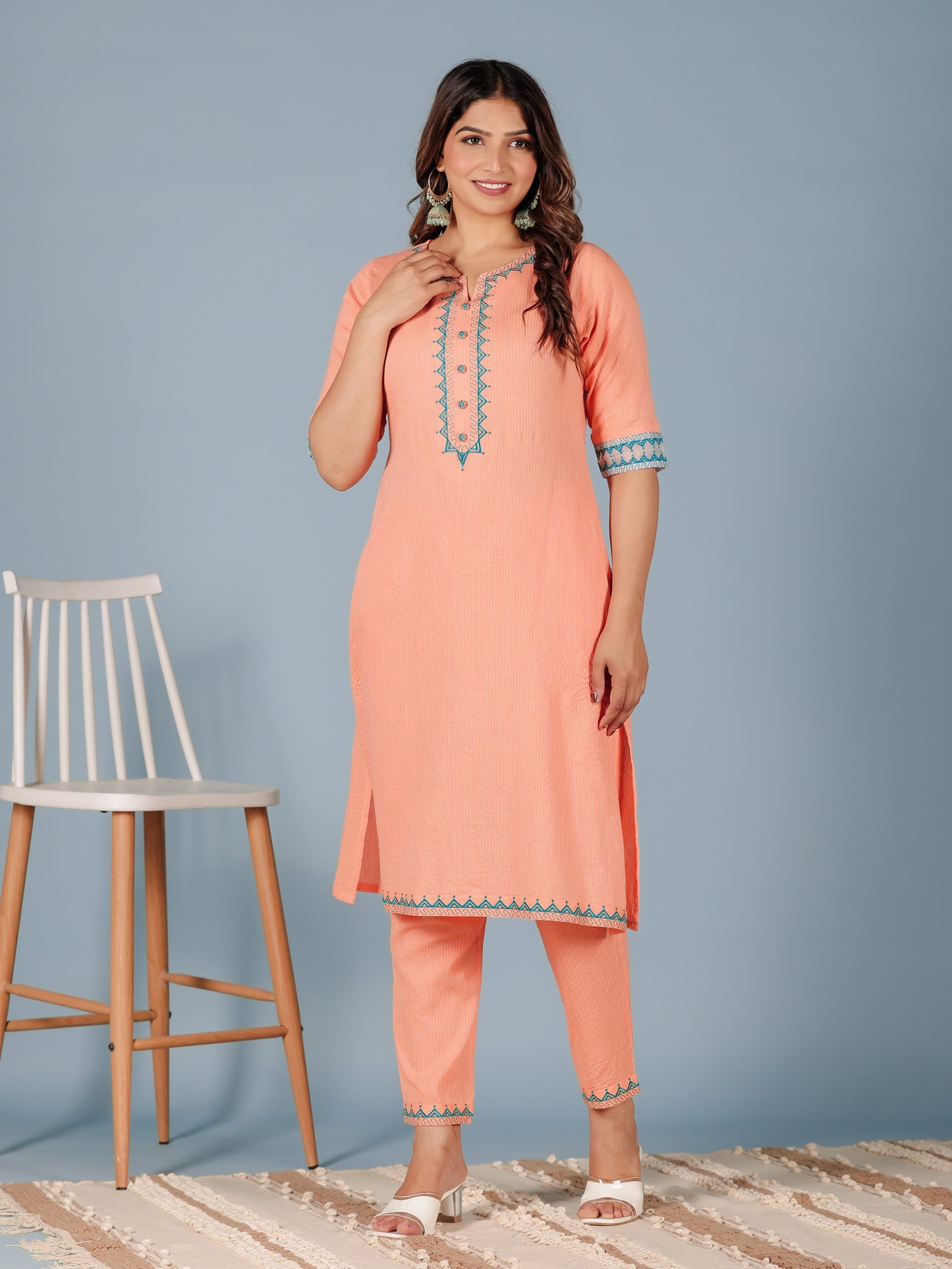 Kantha Cotton Solid A-line Orange Kurta