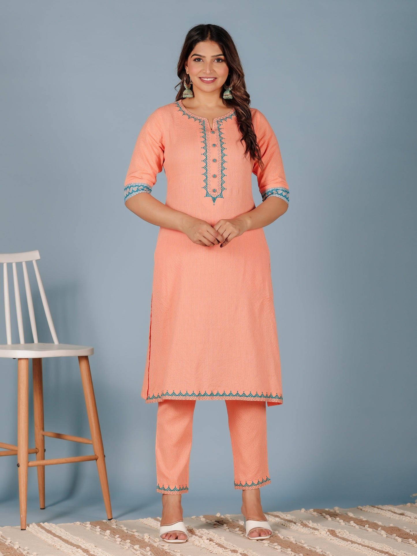 Kantha Cotton Solid A-line Orange Kurta