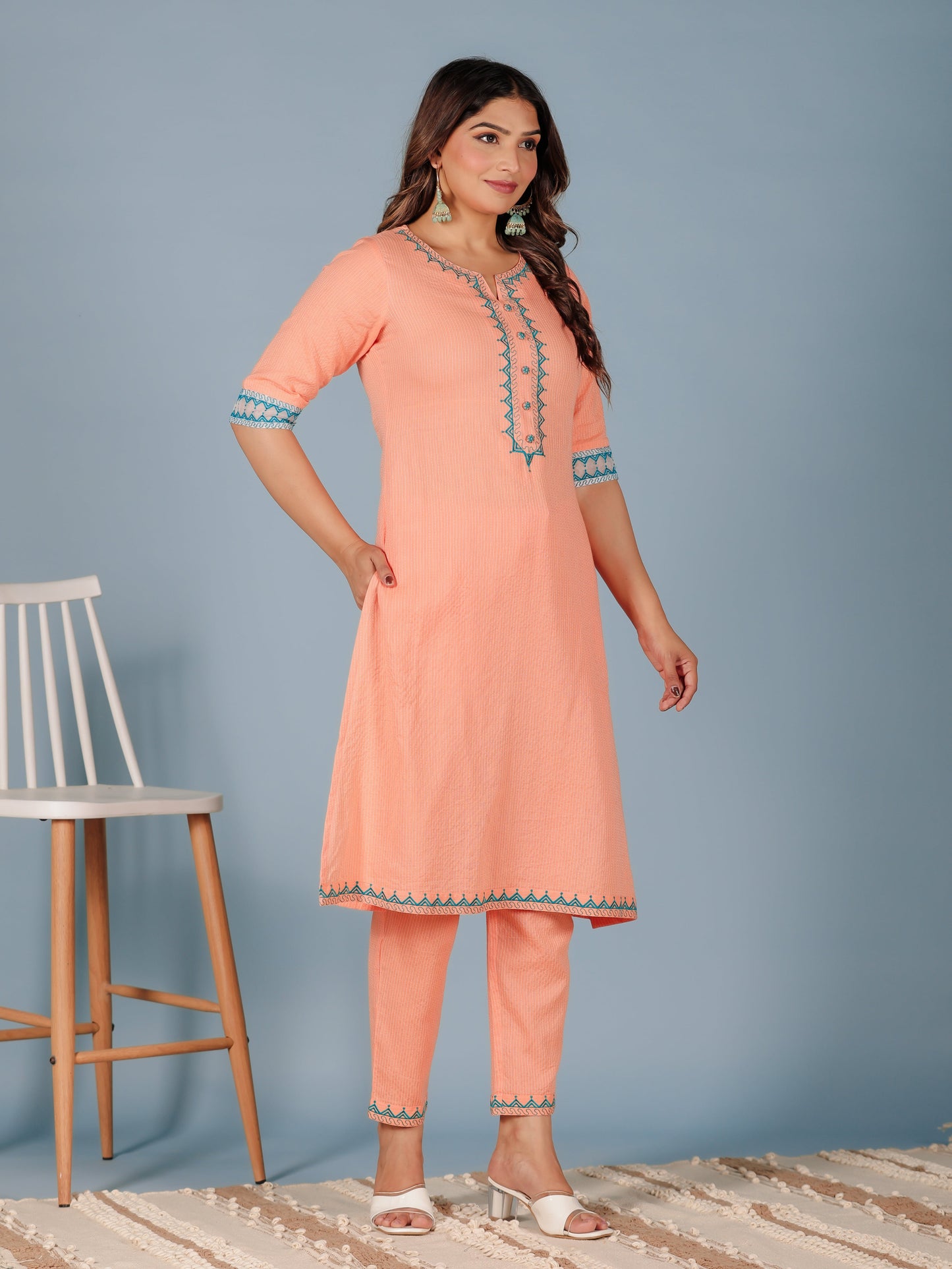 Kantha Cotton Solid A-line Orange Kurta