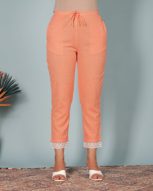 Kantha Cotton Solid Beige Tapered Trousers