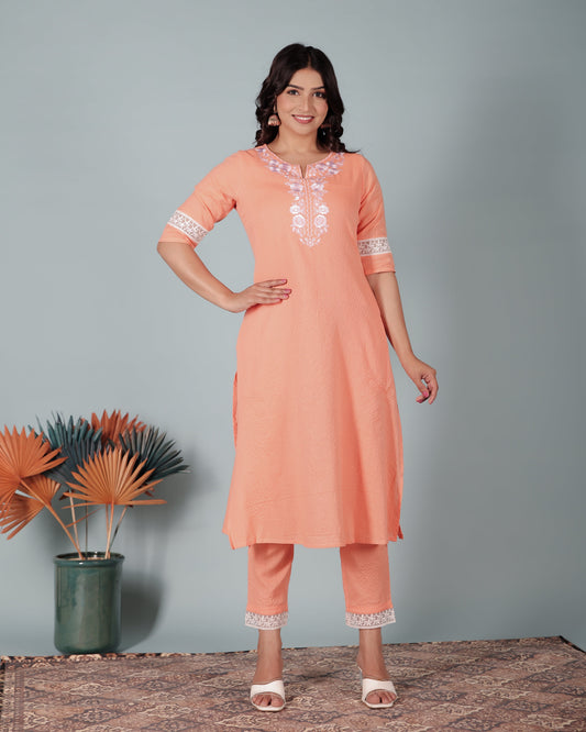 Kantha Cotton Solid A-line Beige Kurta