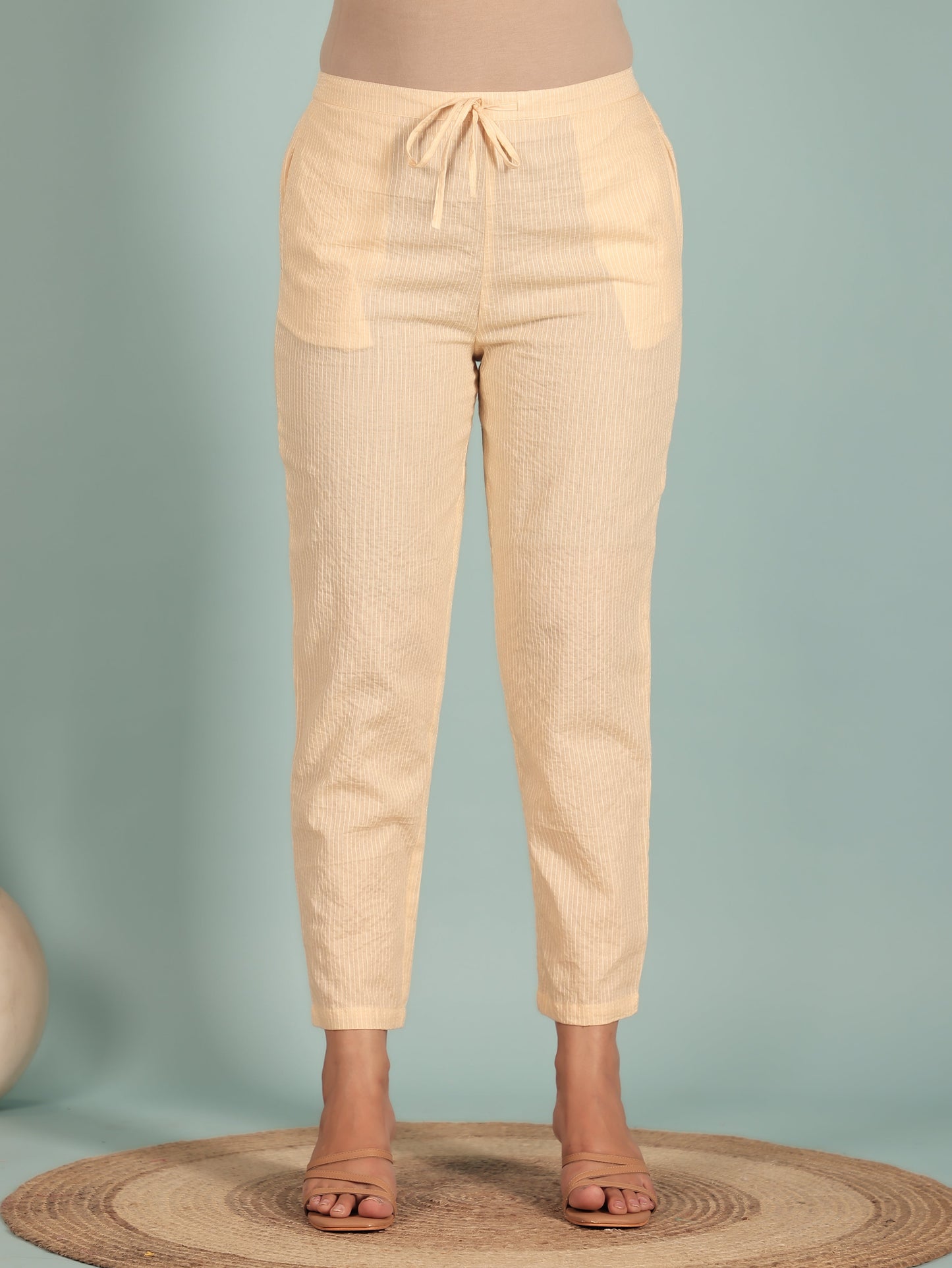 Kantha Cotton Solid Beige Tapered Trousers