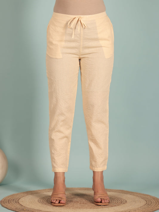 Kantha Cotton Solid Beige Tapered Trousers