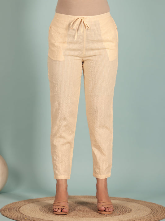 Kantha Cotton Solid Beige Tapered Trousers
