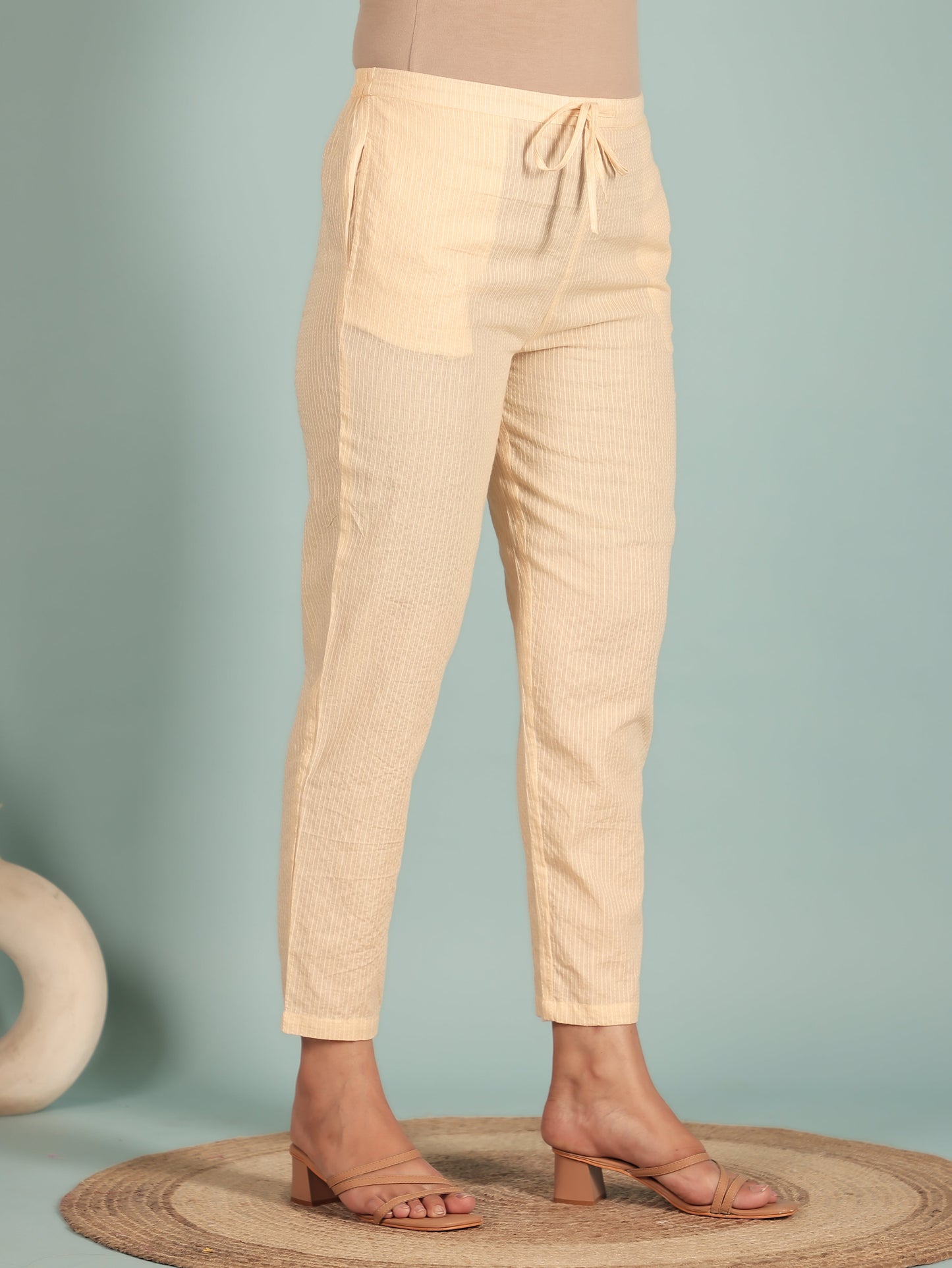 Kantha Cotton Solid Beige Tapered Trousers
