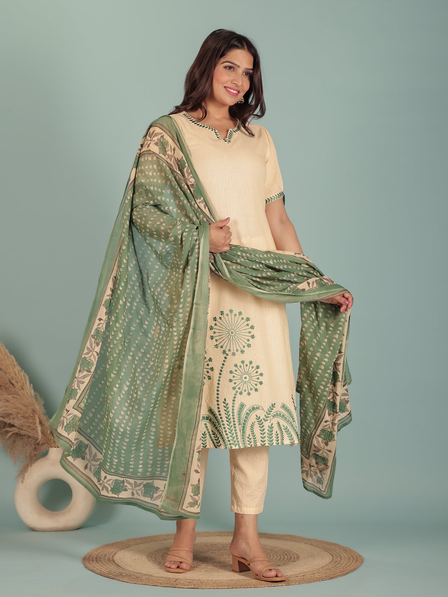 Kantha Cotton Solid Straight Beige Kurta