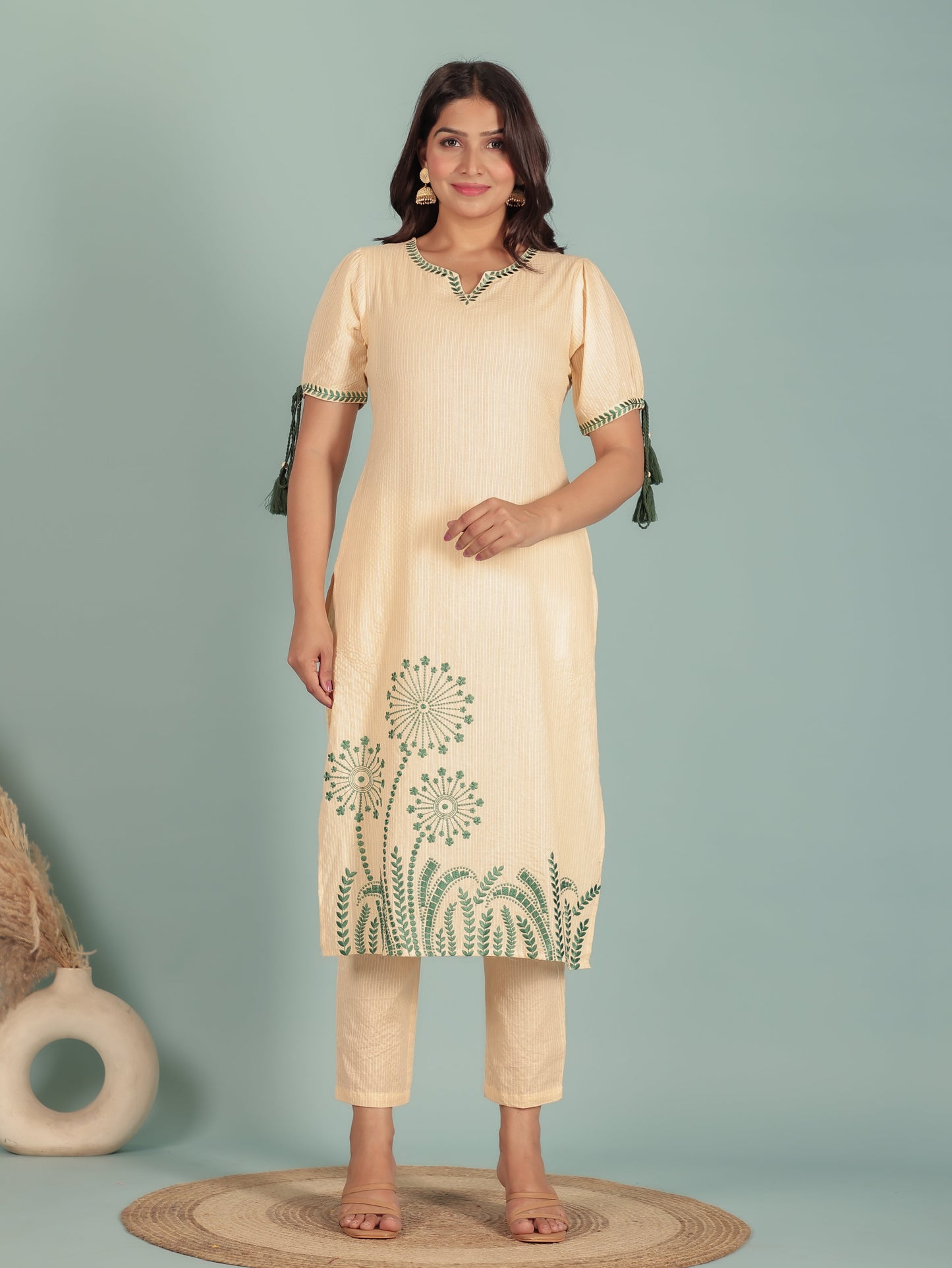 Kantha Cotton Solid Straight Beige Kurta
