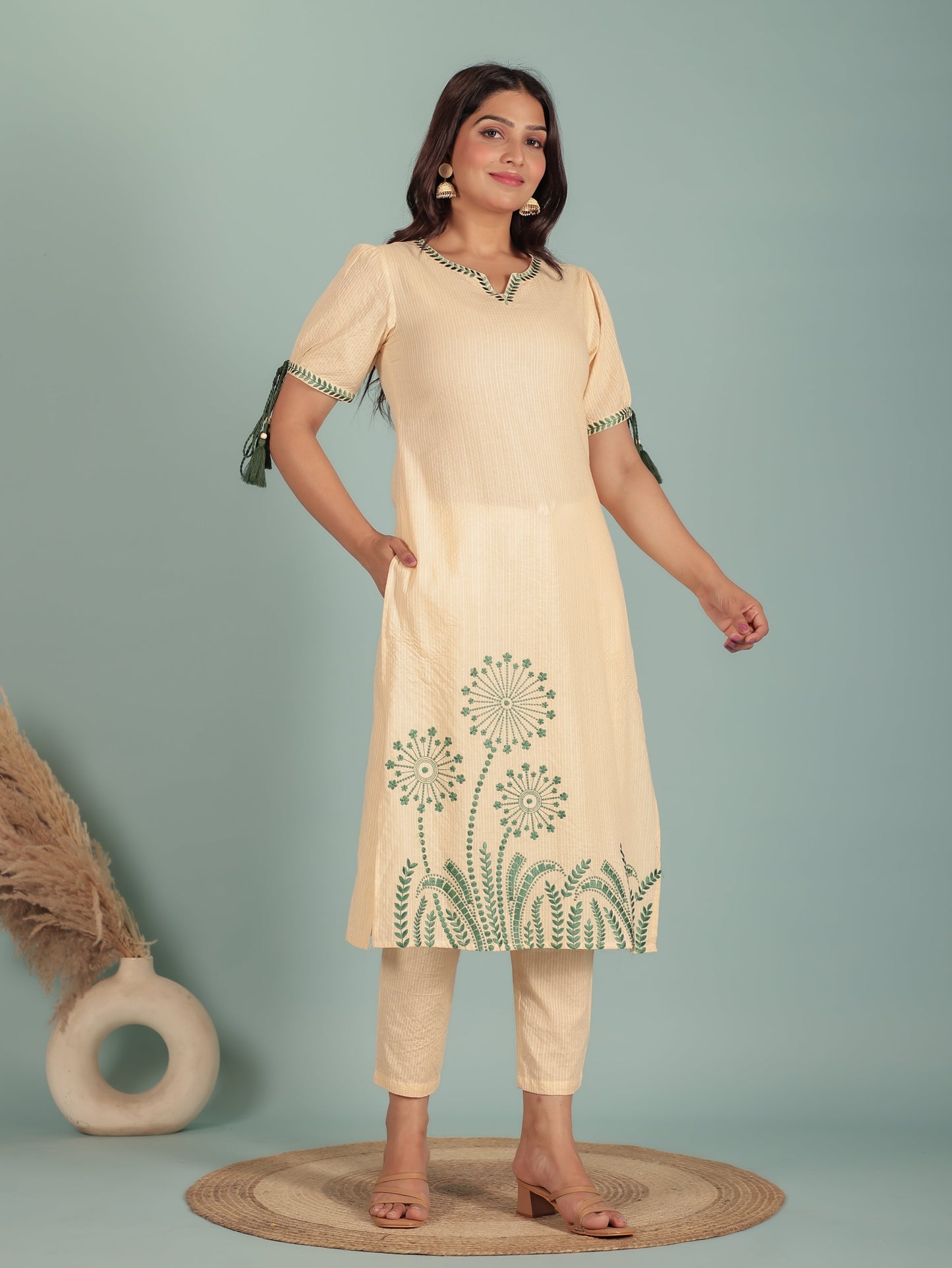 Kantha Cotton Solid Straight Beige Kurta