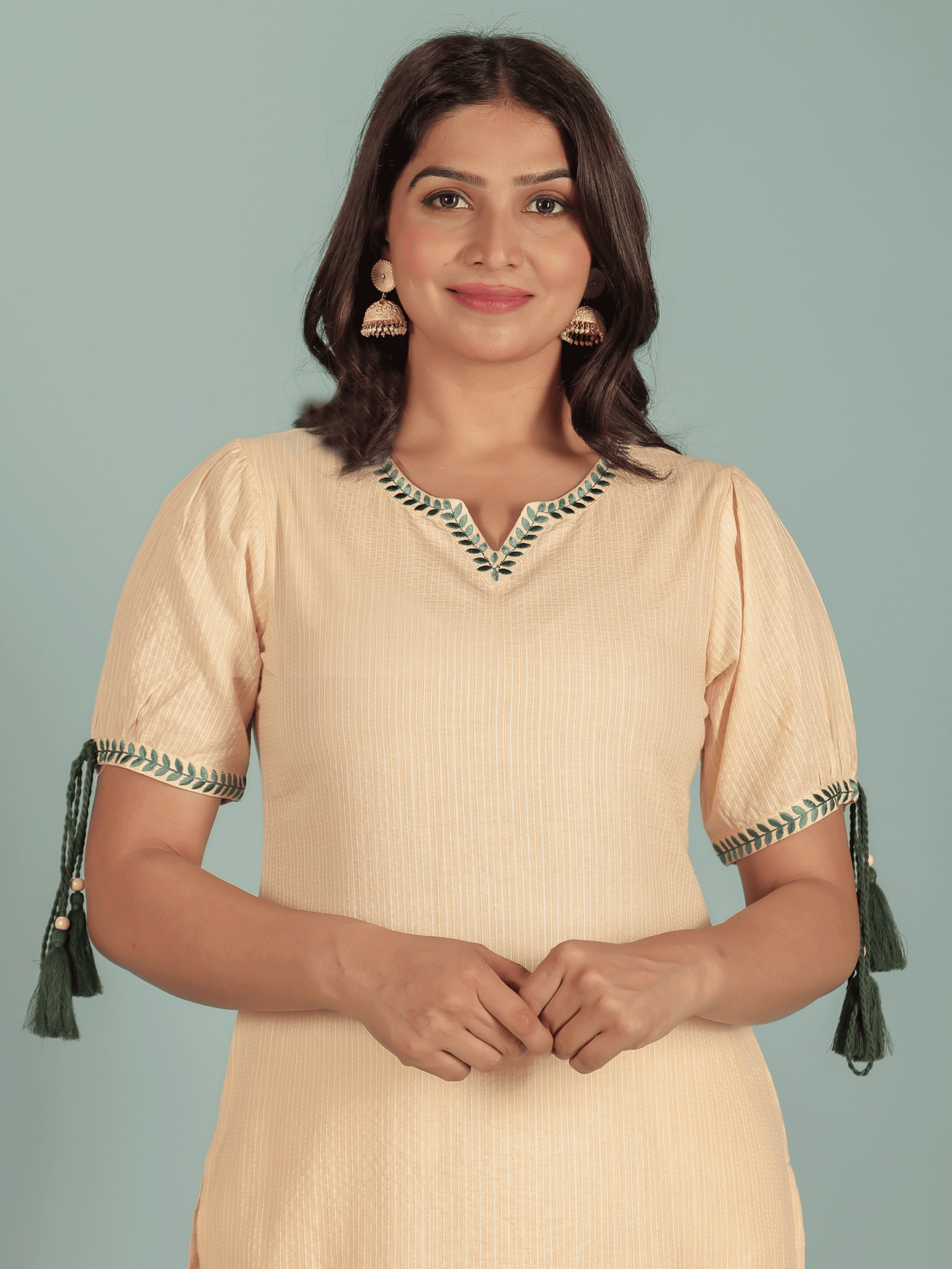 Kantha Cotton Solid Straight Beige Kurta