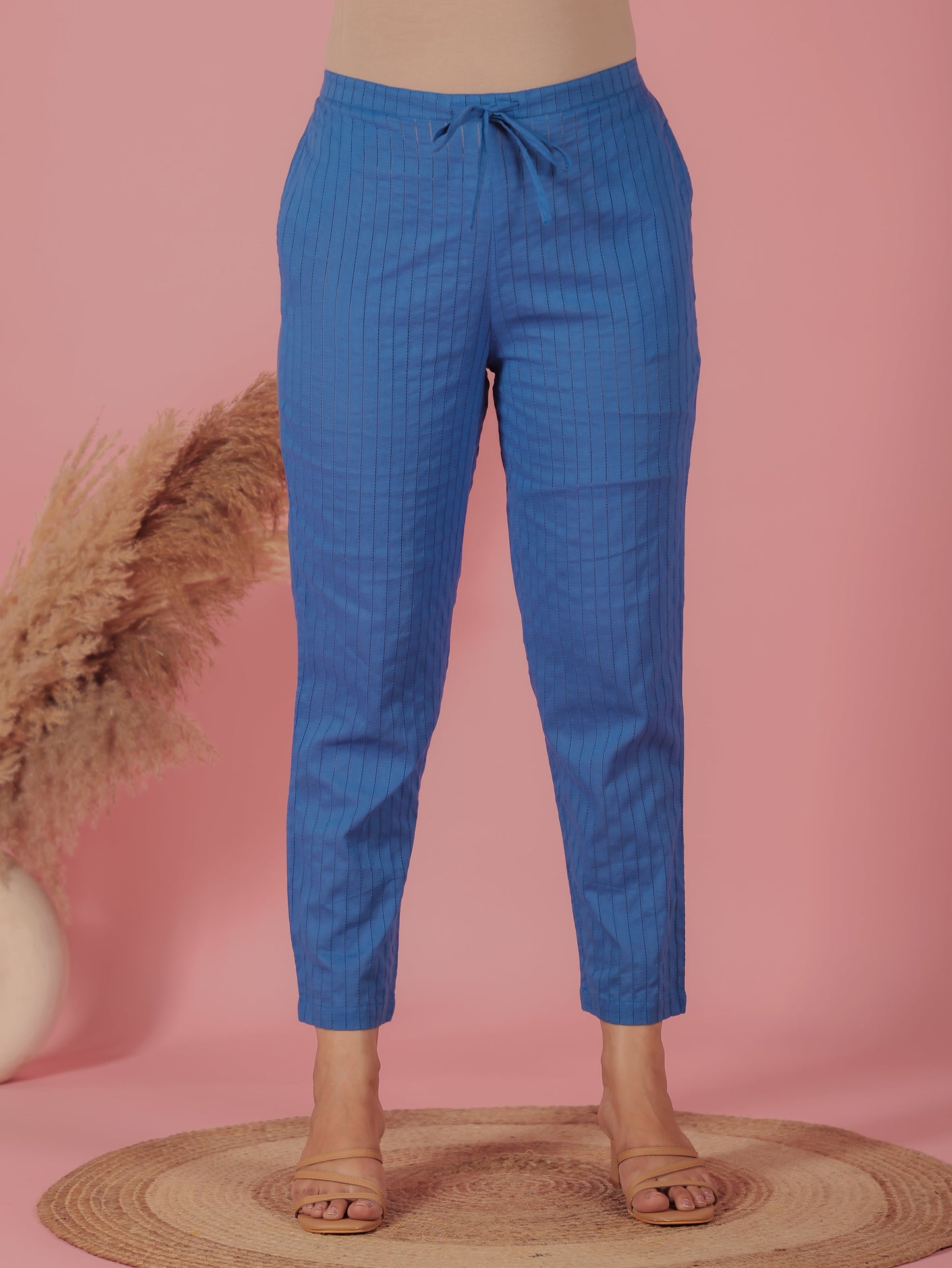 Textured Cotton Solid Blue Trousers  Tapered Trousers