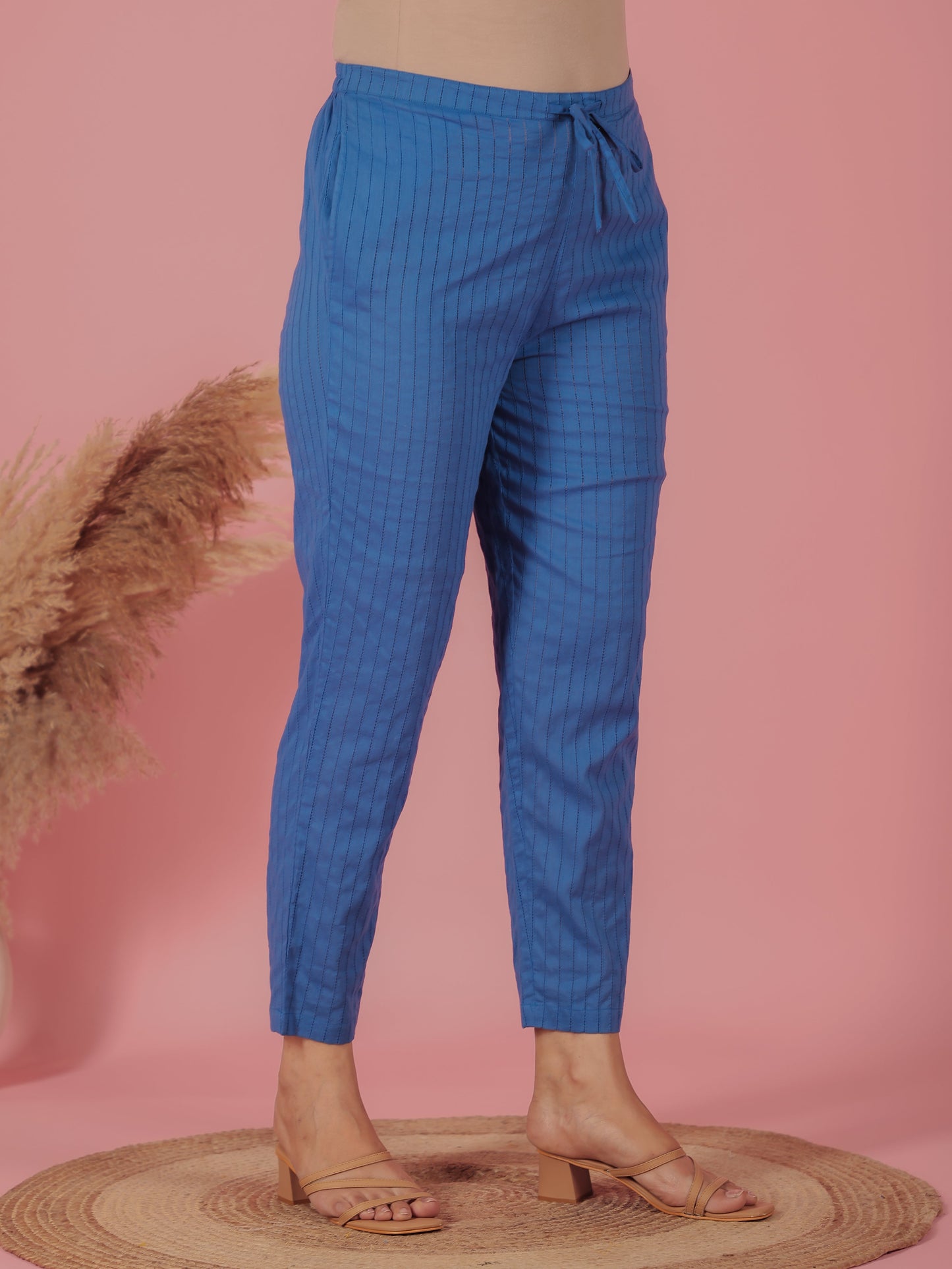 Textured Cotton Solid Blue Trousers  Tapered Trousers