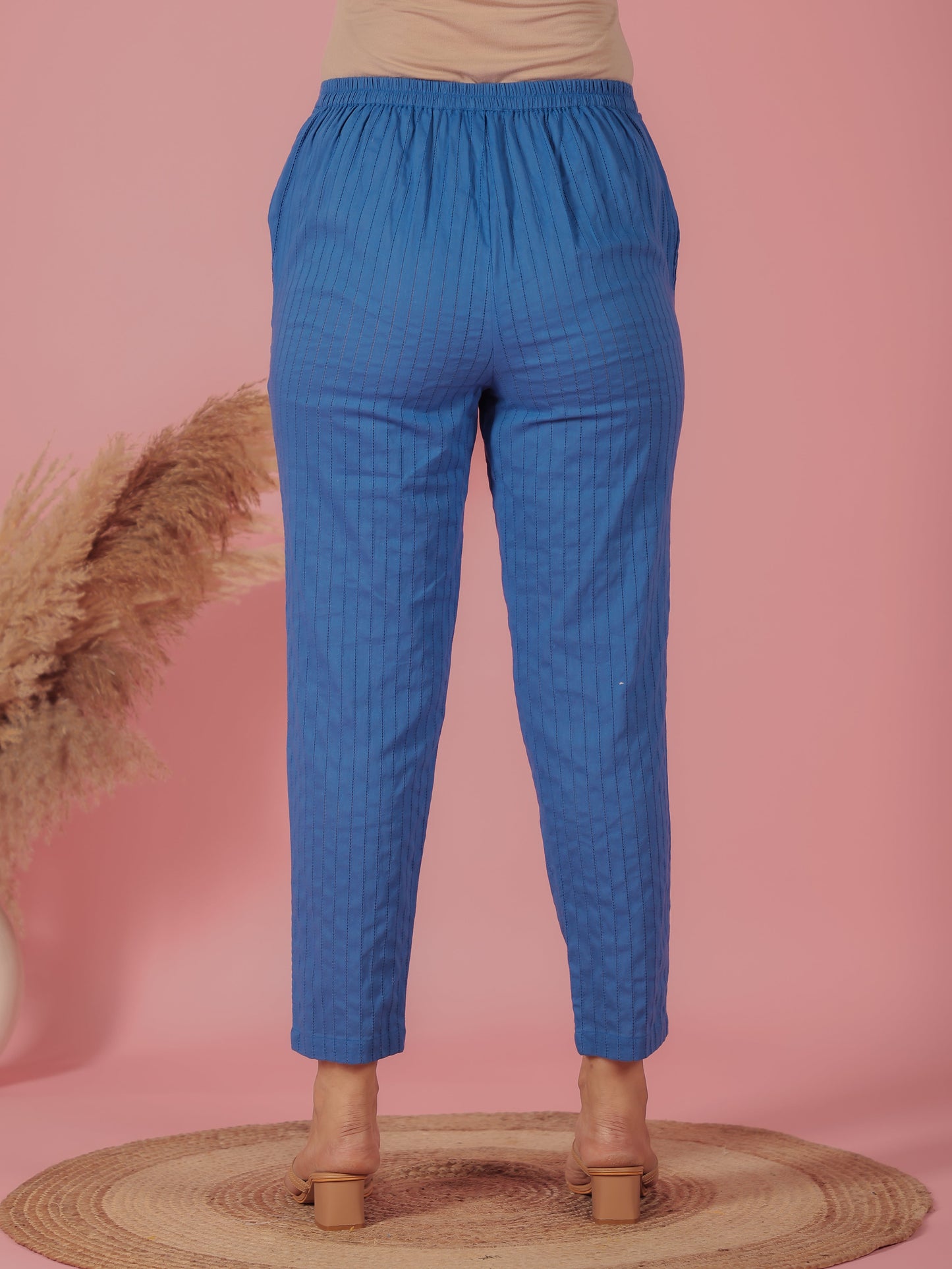 Textured Cotton Solid Blue Trousers  Tapered Trousers