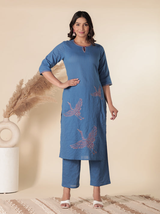 Soft Cotton Solid Straight Blue Kurta