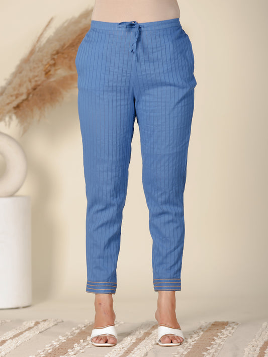 Textured Cotton Solid Blue Tapered Trousers