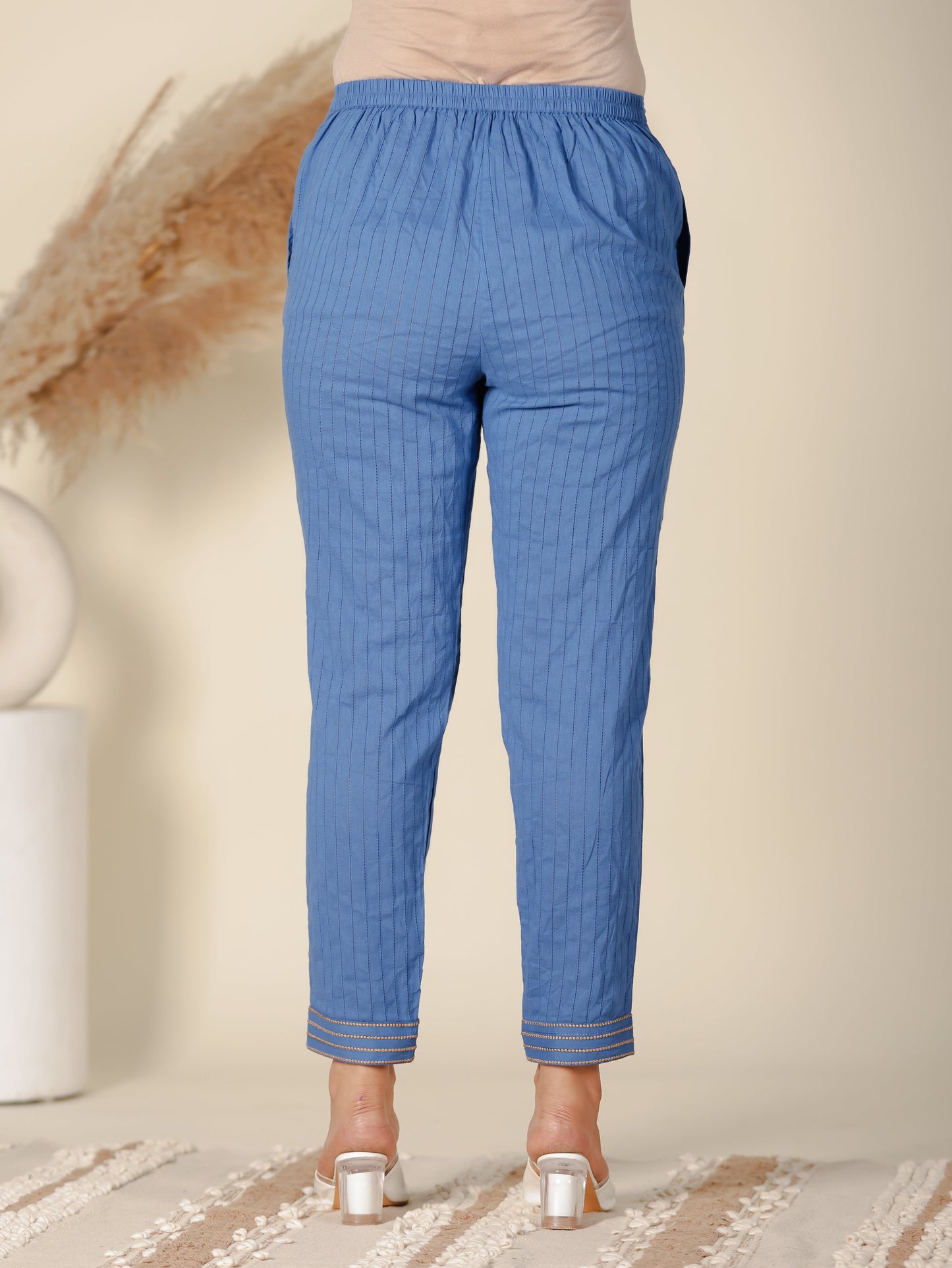 Textured Cotton Solid Blue Tapered Trousers