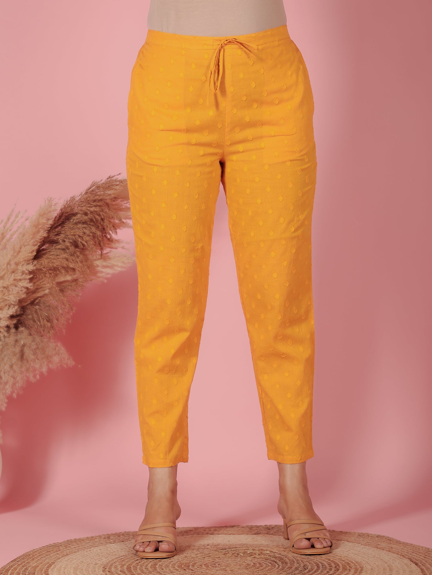 Textured Cotton Solid Yellow Tapered Trousers