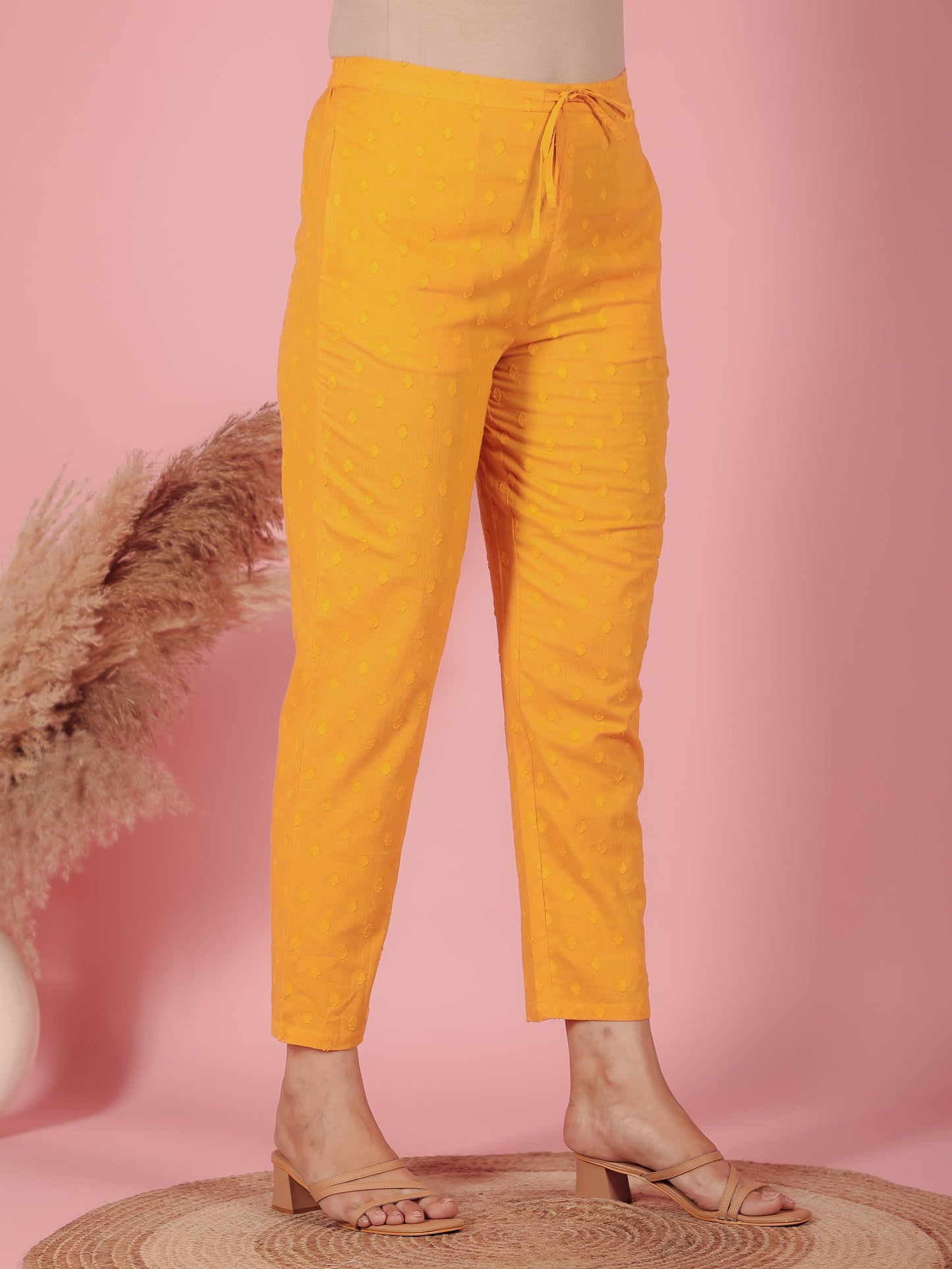 Textured Cotton Solid Yellow Tapered Trousers