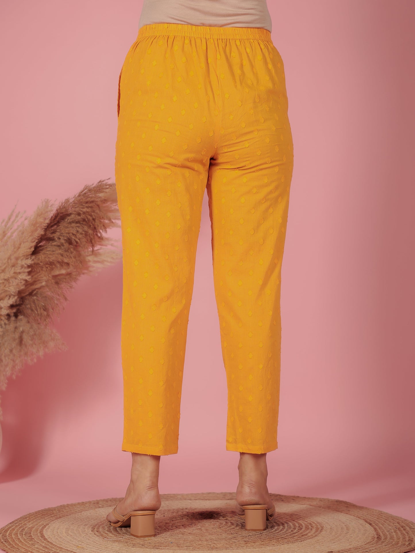 Textured Cotton Solid Yellow Tapered Trousers