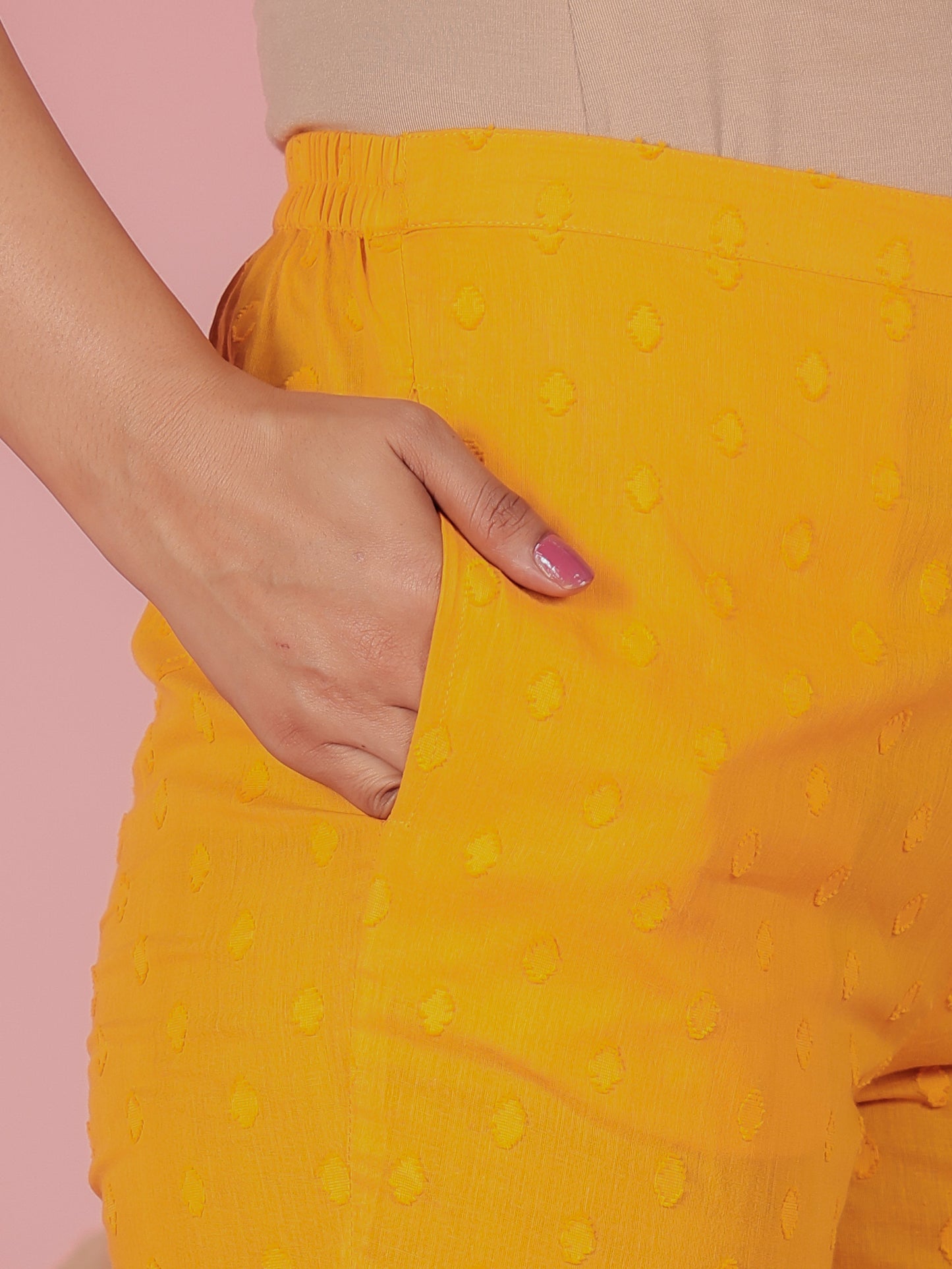 Textured Cotton Solid Yellow Tapered Trousers
