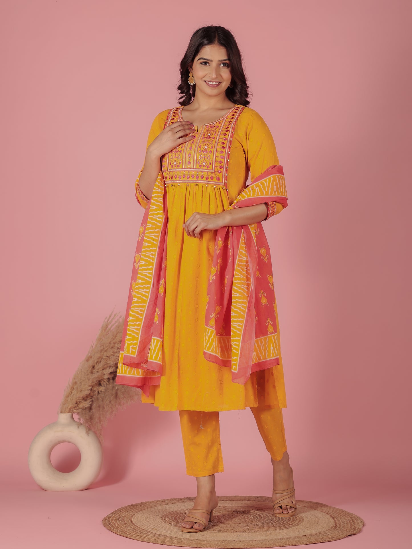 Textured Cotton Solid A-line Yellow Kurta