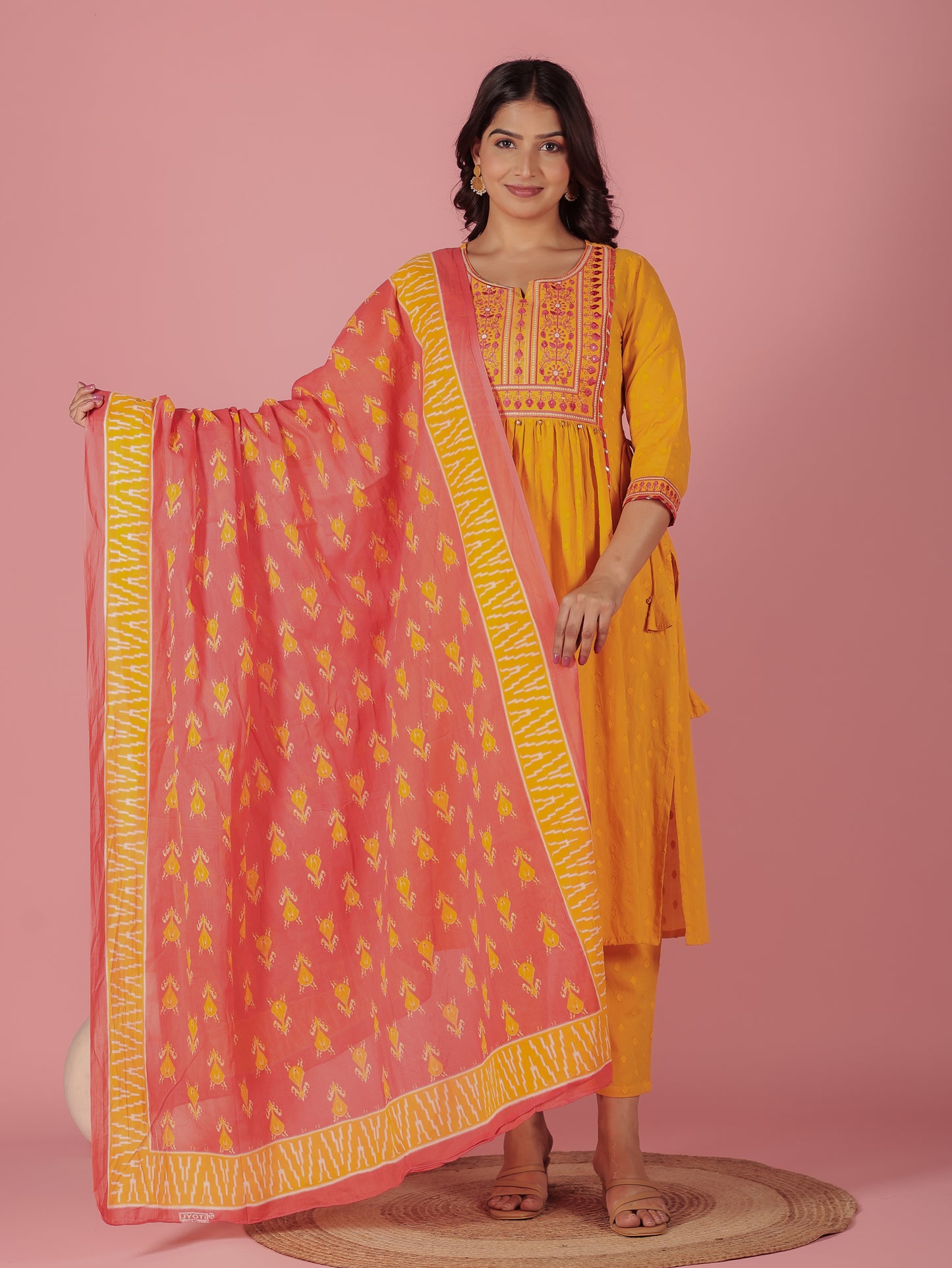 Textured Cotton Solid A-line Yellow Kurta
