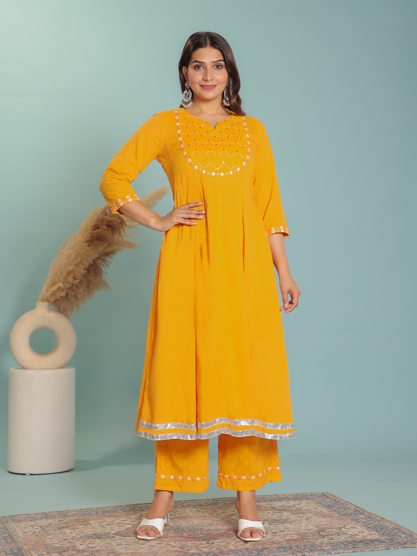 Textured Cotton Solid Anarkali Yellow Kurta