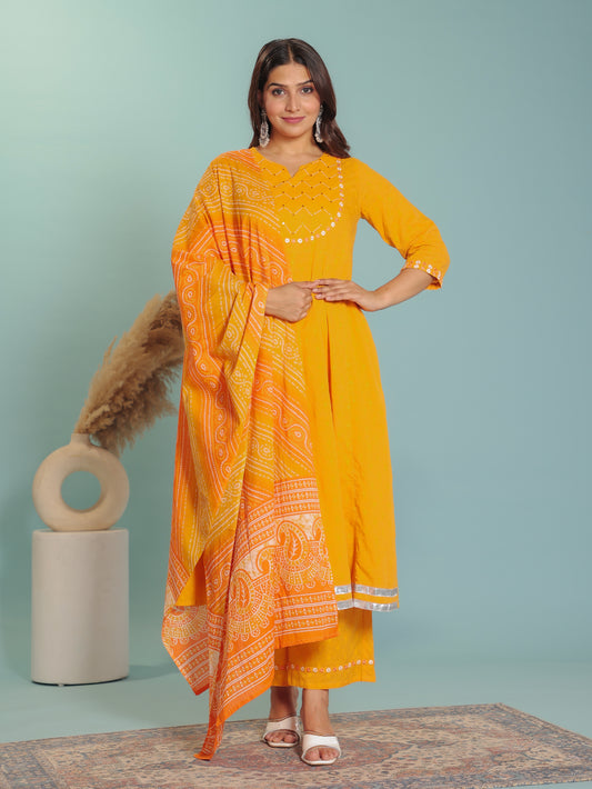 Textured Cotton Solid Anarkali Yellow Kurta