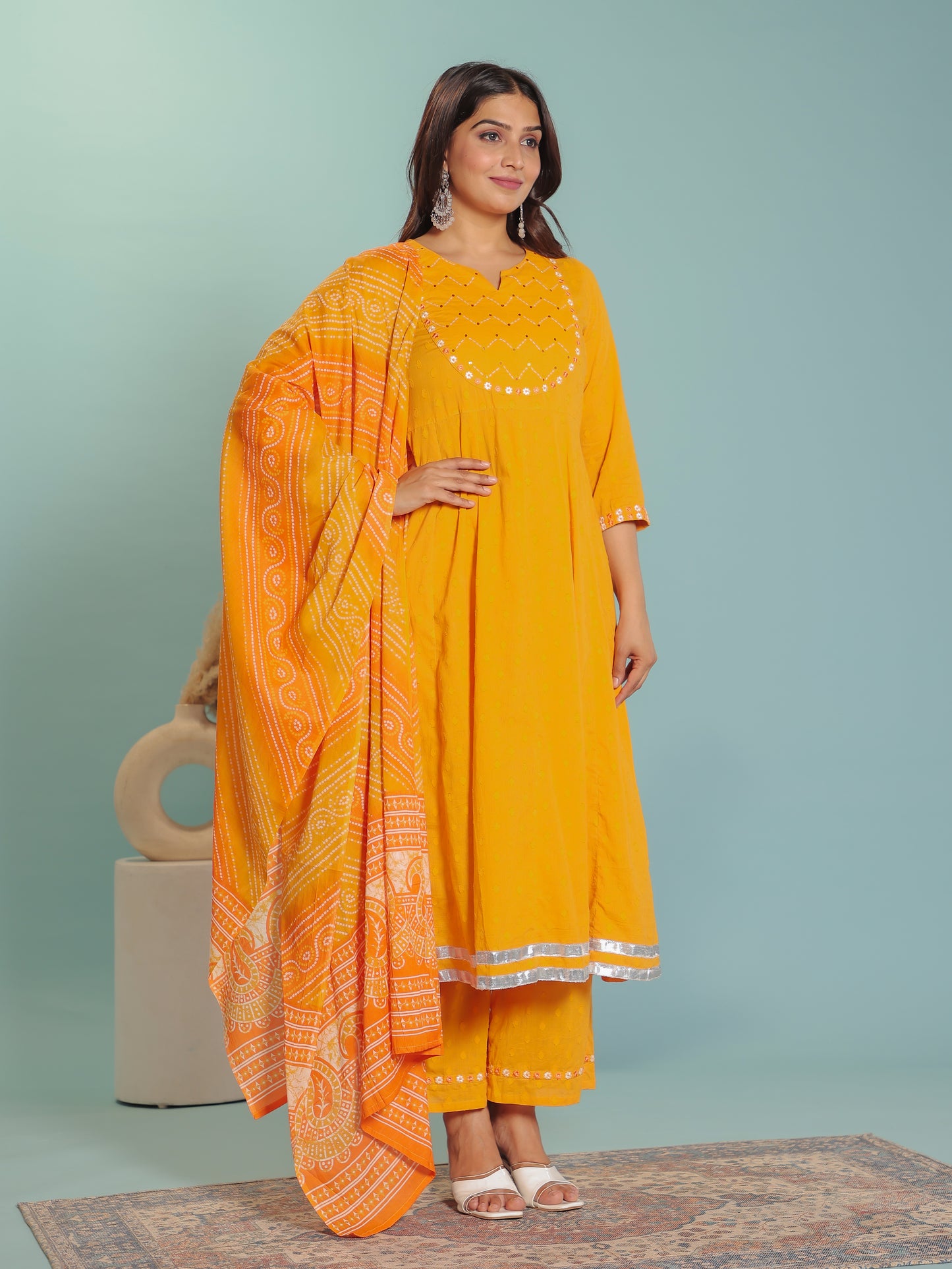 Textured Cotton Solid Anarkali Yellow Kurta