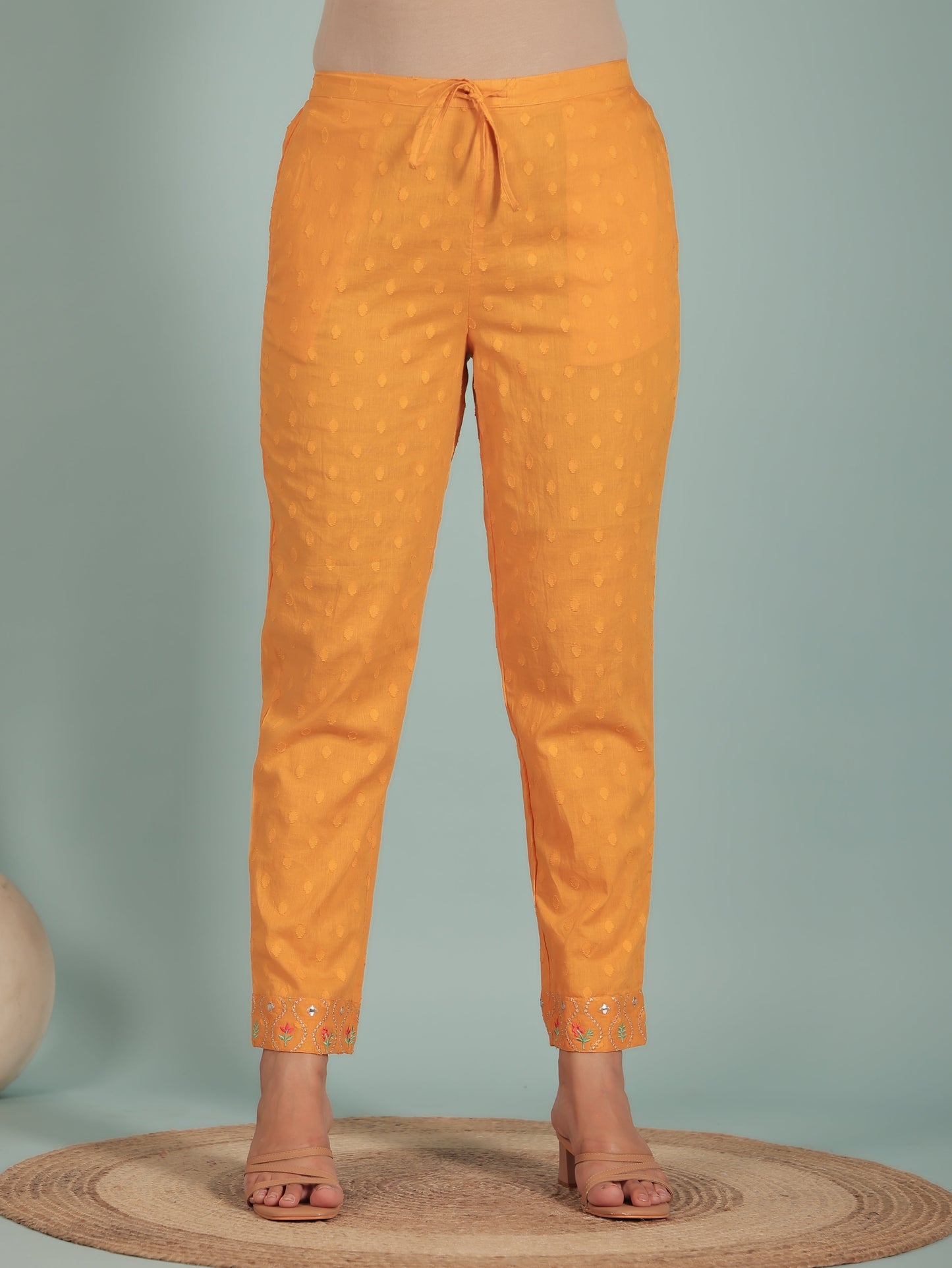 Soft Cotton Solid Yellow Tapered Trousers