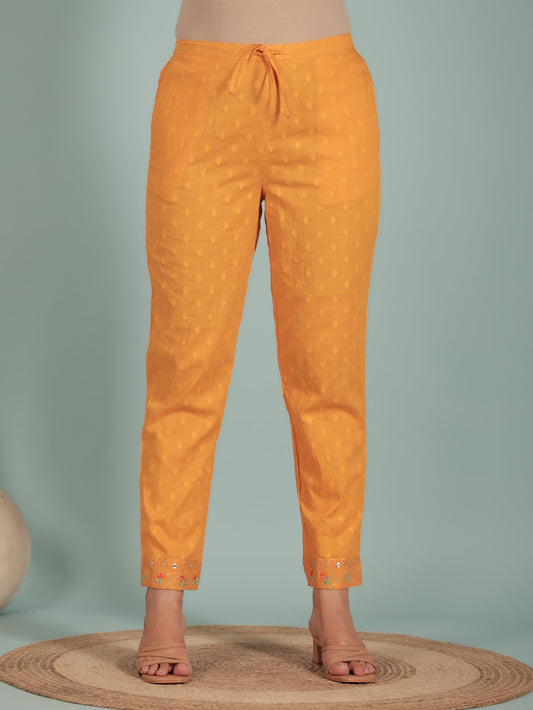 Soft Cotton Solid Yellow Tapered Trousers